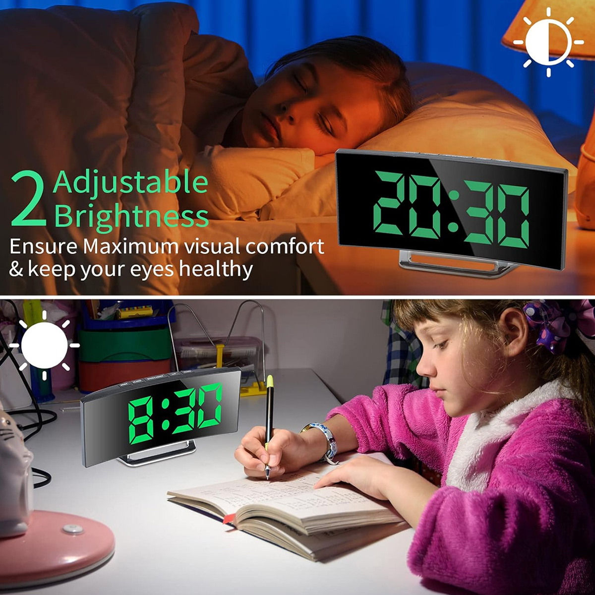 Ein Mädchen schläft neben einer Digitaluhr, die 20:30 Uhr anzeigt. Unten schreibt ein anderes Mädchen in ein Notizbuch, neben einer Uhr mit 8:30 Uhr.