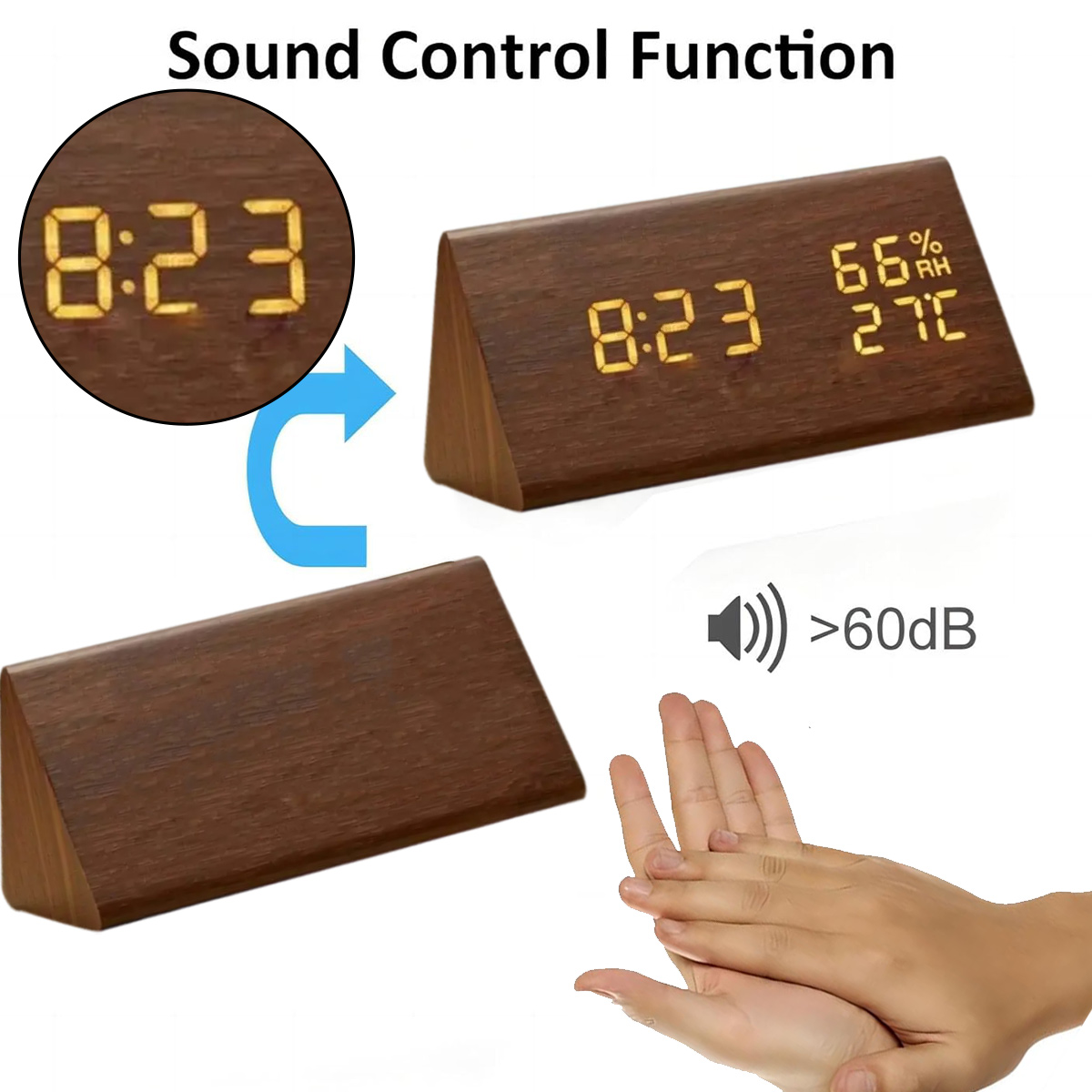 Digitaluhr aus Holz zeigt 8:23, Feuchtigkeit und Temperatur. Hände klatschen in der Nähe eines Tonsymbols, was die Tonkontrolle anzeigt.