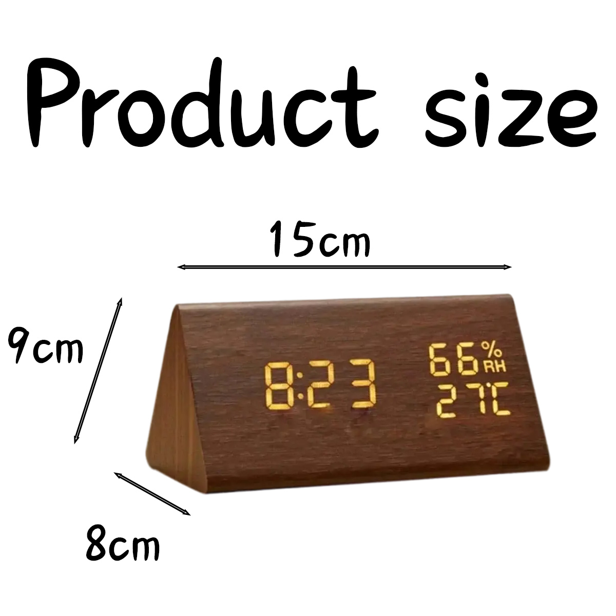 Eine digitale Holzuhr zeigt 8:23, 66% RH und 27C an. Abmessungen sind 15cm, 9cm und 8cm. Text: 'Produktgröße'.