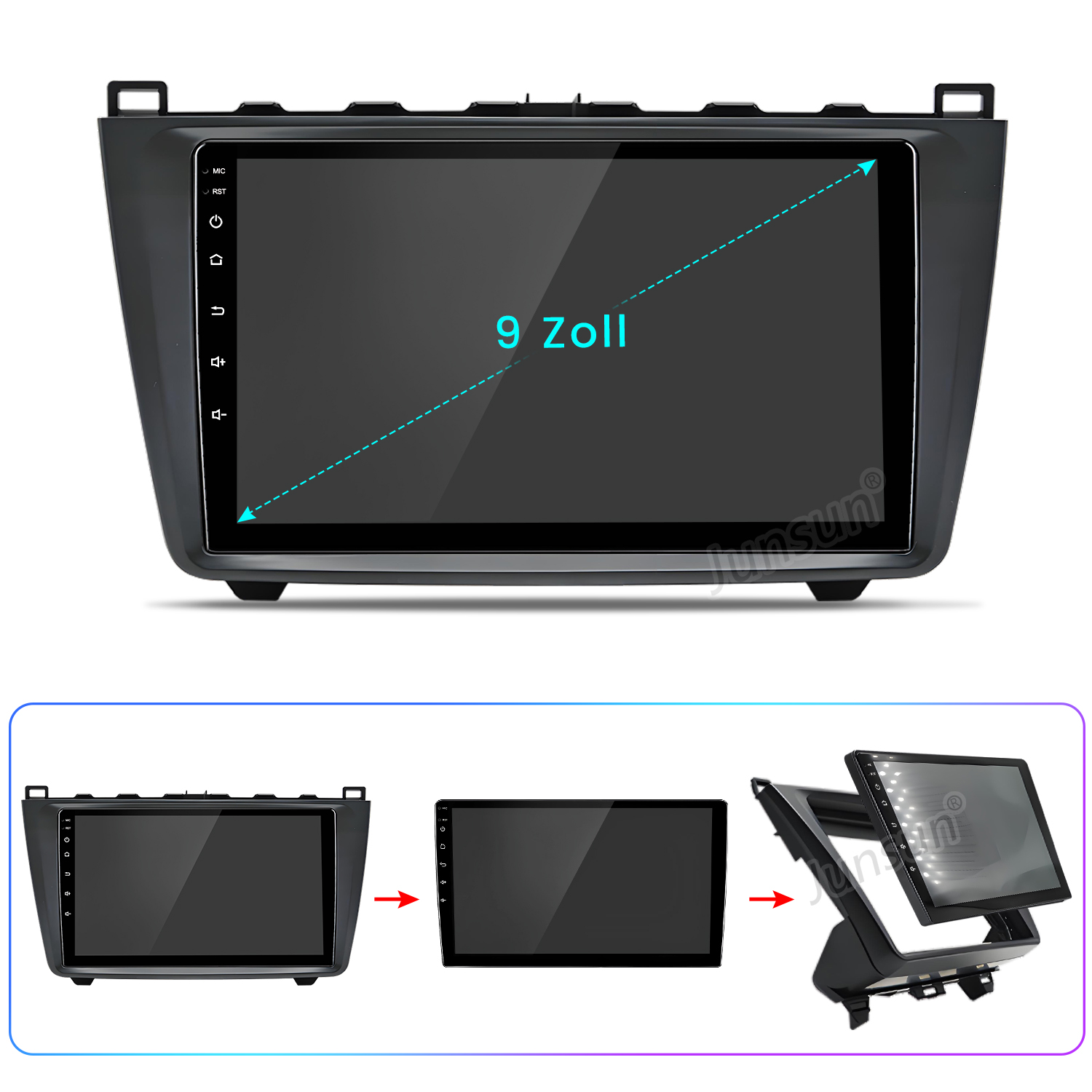 Ein Autoradio mit Touchscreen, beschriftet mit '9 Zoll'. Darunter zeigen drei Bilder den Einbauprozess.