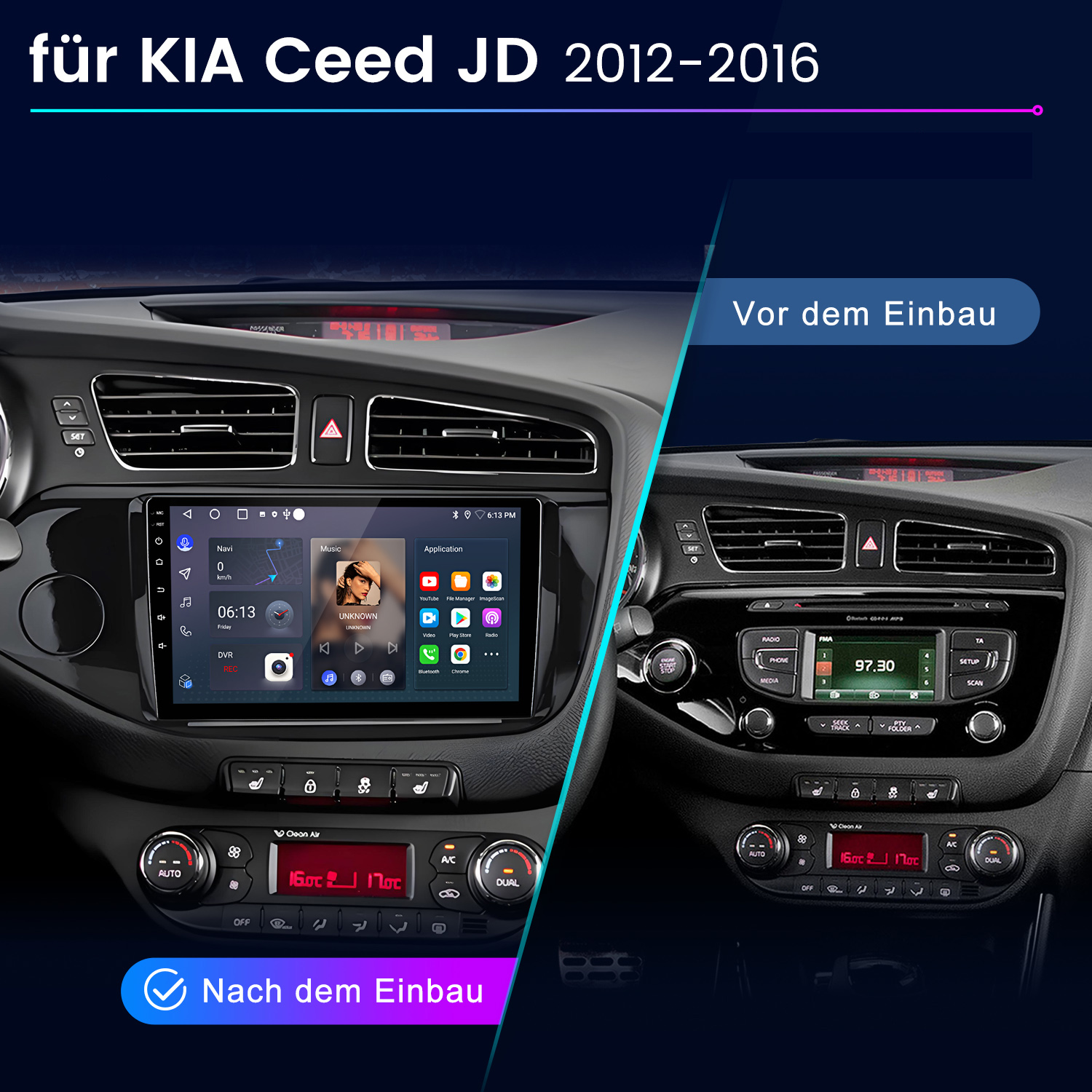 Armaturenbrett des Autos mit Vorher- und Nachher-Installation eines neuen Multimediasystems. Beinhaltet Radio, AC-Bedienelemente und Bildschirm.
