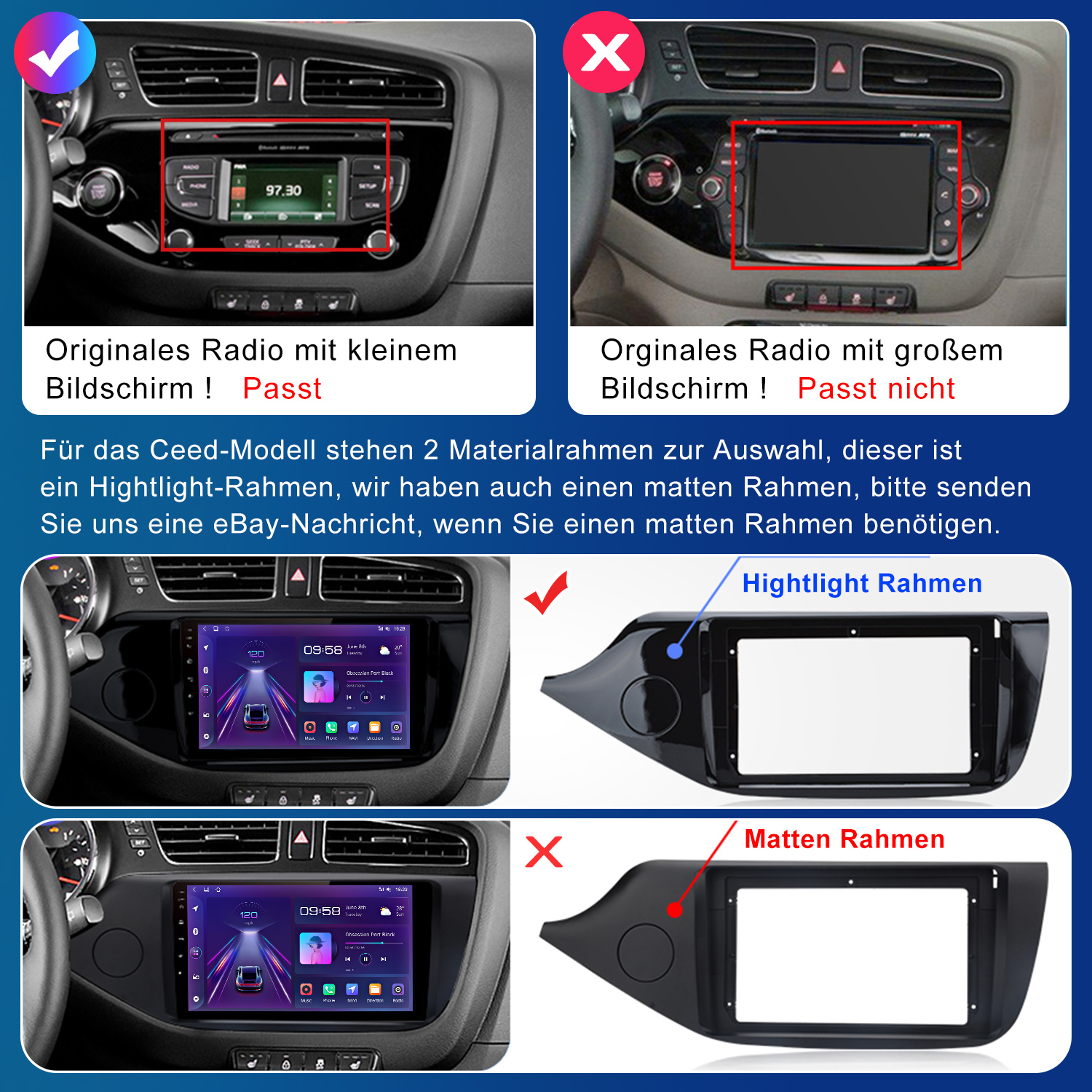 Das Bild zeigt ein Armaturenbrett mit Radiooptionen, hervorgehobenen und matten Rahmen. Text zeigt die Passform für das Ceed-Modell.