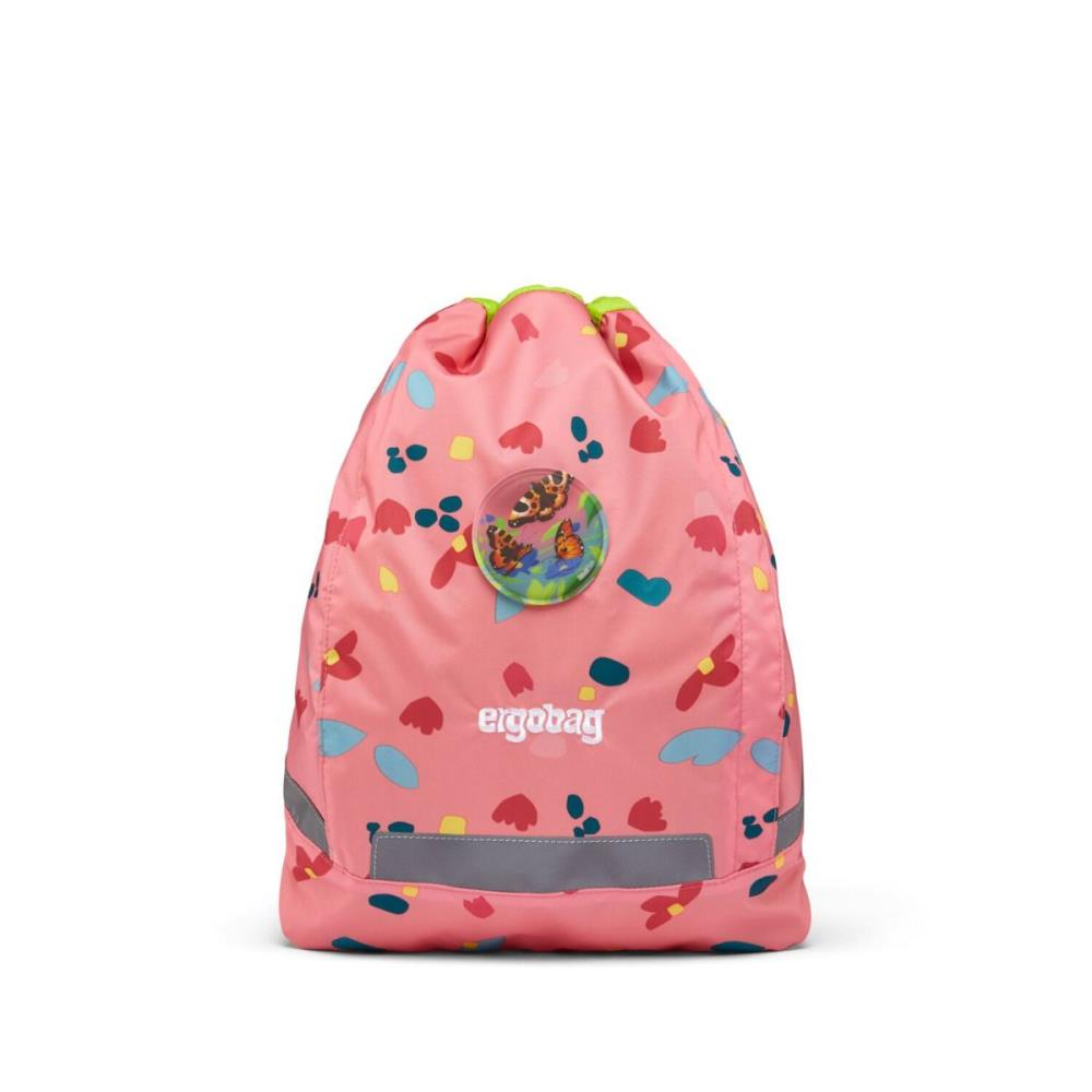 Ein pinkfarbener Turnbeutel mit Blumenmustern. Er hat einen Schmetterlingsfleck und das Wort 'ergobag'. Reflektierender Streifen unten.