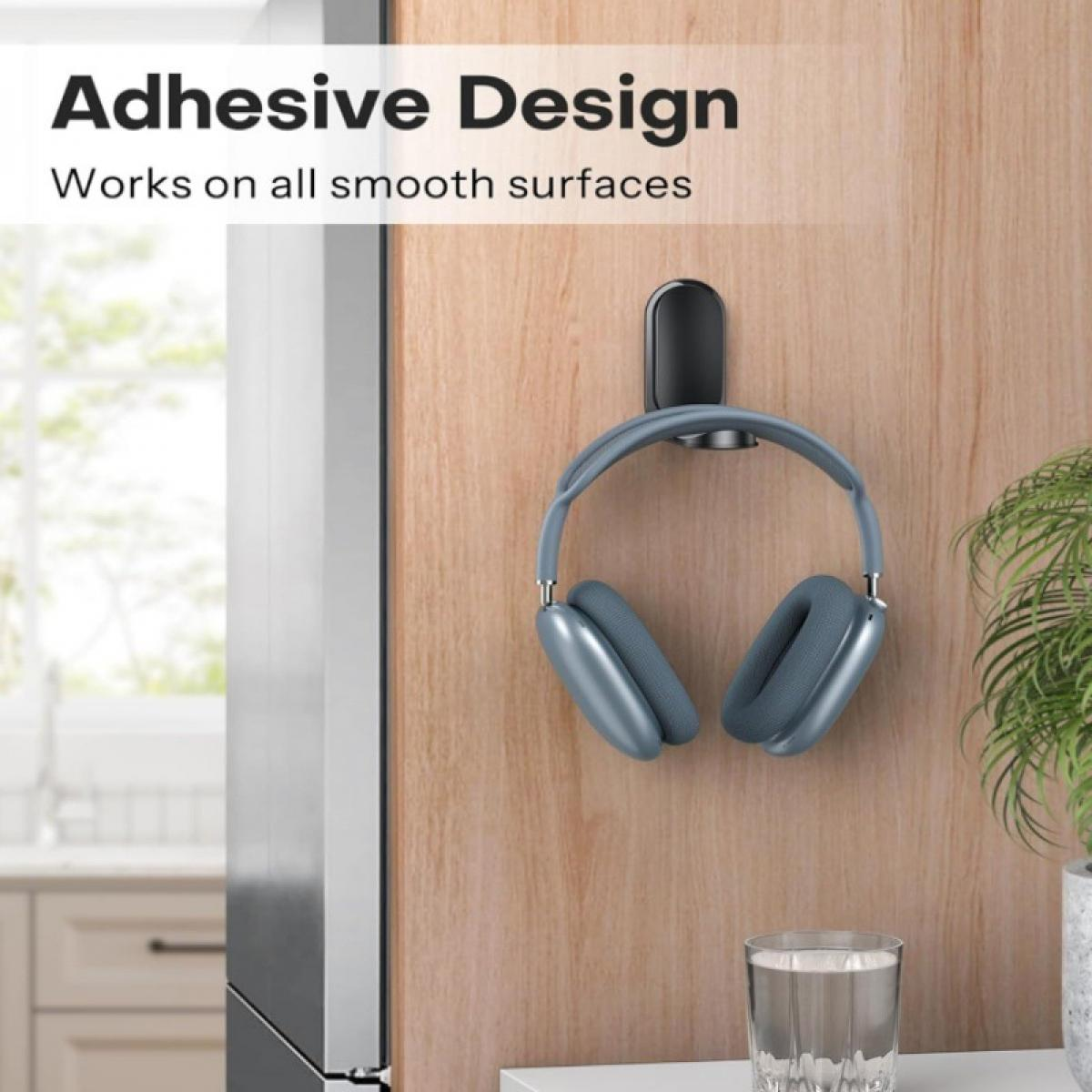Ein blaues Kopfhörerpaar hängt an einem schwarzen Haken an einer Holzwand. Darunter steht ein Glas Wasser. Der Text lautet 'Adhesive Design'.