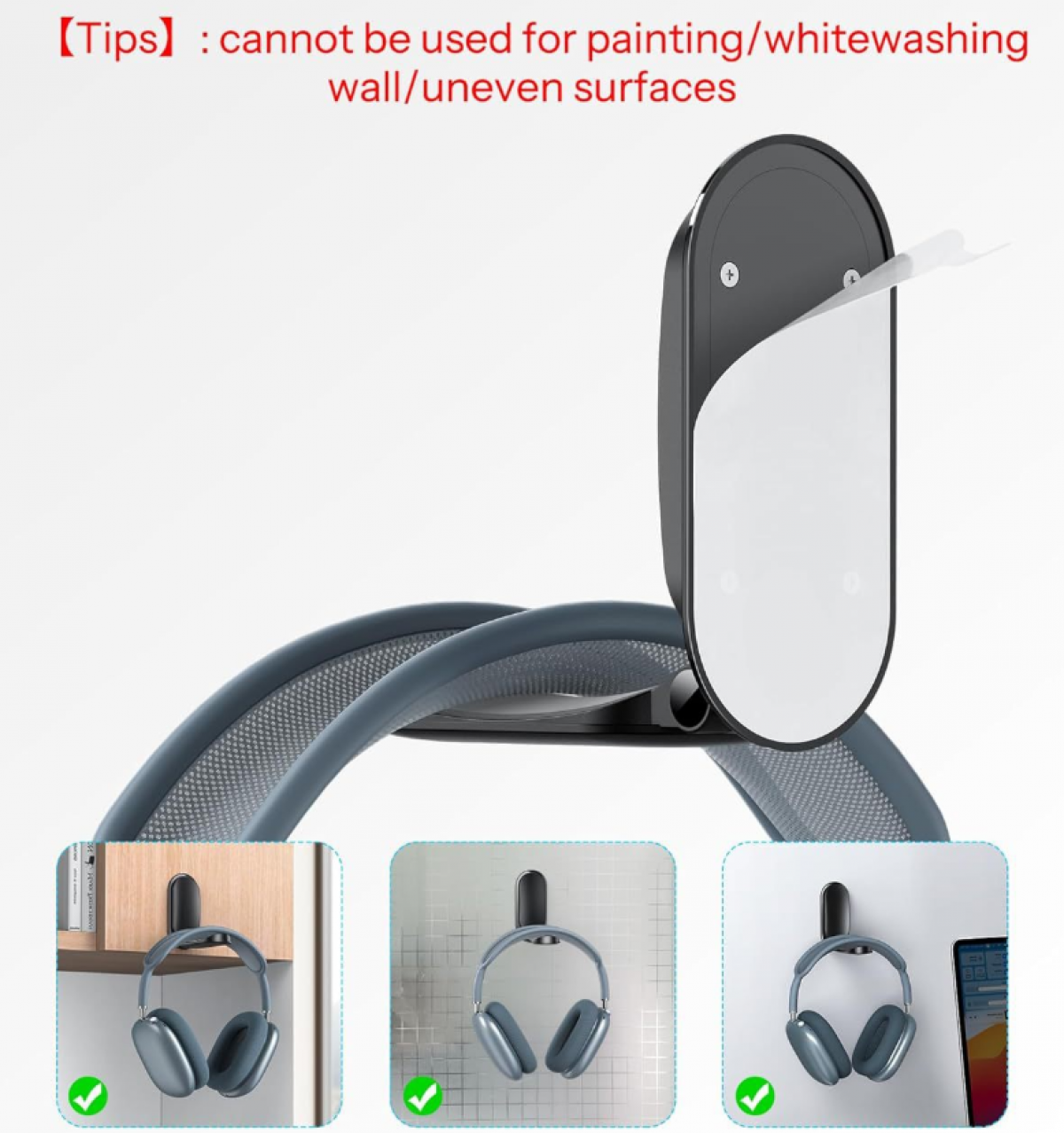 Eine Produktdarstellung mit einem Kopfhörerhalter. Er hat einen schwarzen Halter mit Kopfhörern an Haken. Das Bild enthält Text: nicht für unebene Oberflächen.