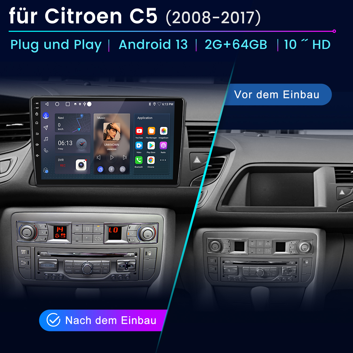 Das Bild zeigt das Armaturenbrett eines Autos vor und nach der Installation eines neuen Android-Systems. Das neue System zeigt Apps und Navigation an.