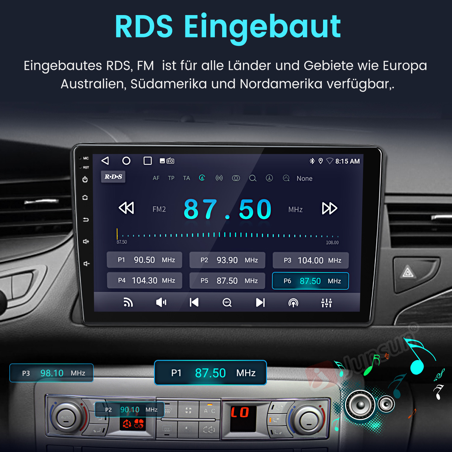 Autoradio mit RDS-Funktion, zeigt FM-Frequenz 87,50 MHz. Tasten für verschiedene Radiosender werden angezeigt.