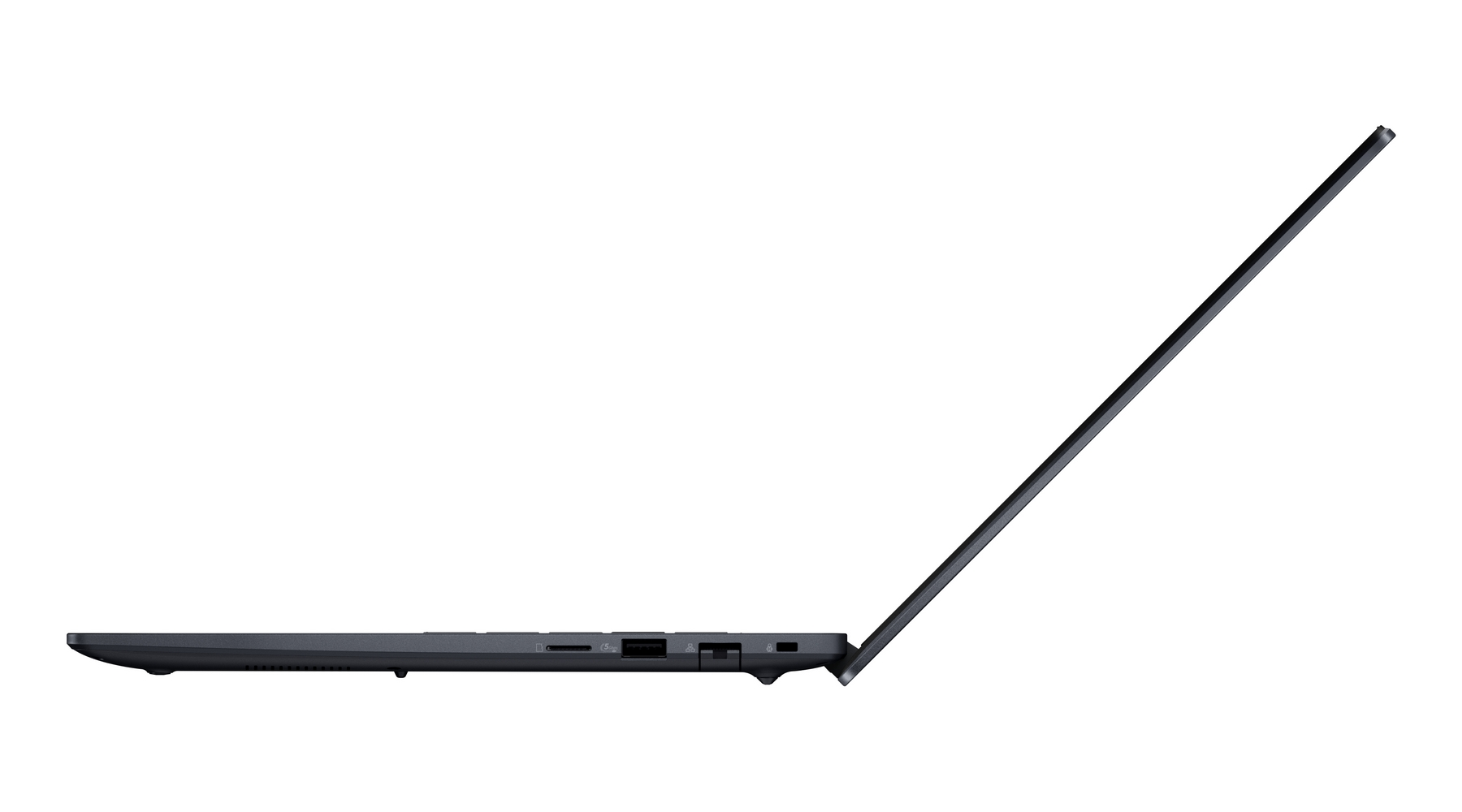 Un laptop scuro è aperto, mostrando una vista laterale. Lo schermo è sollevato, rivelando porte e dettagli laterali.