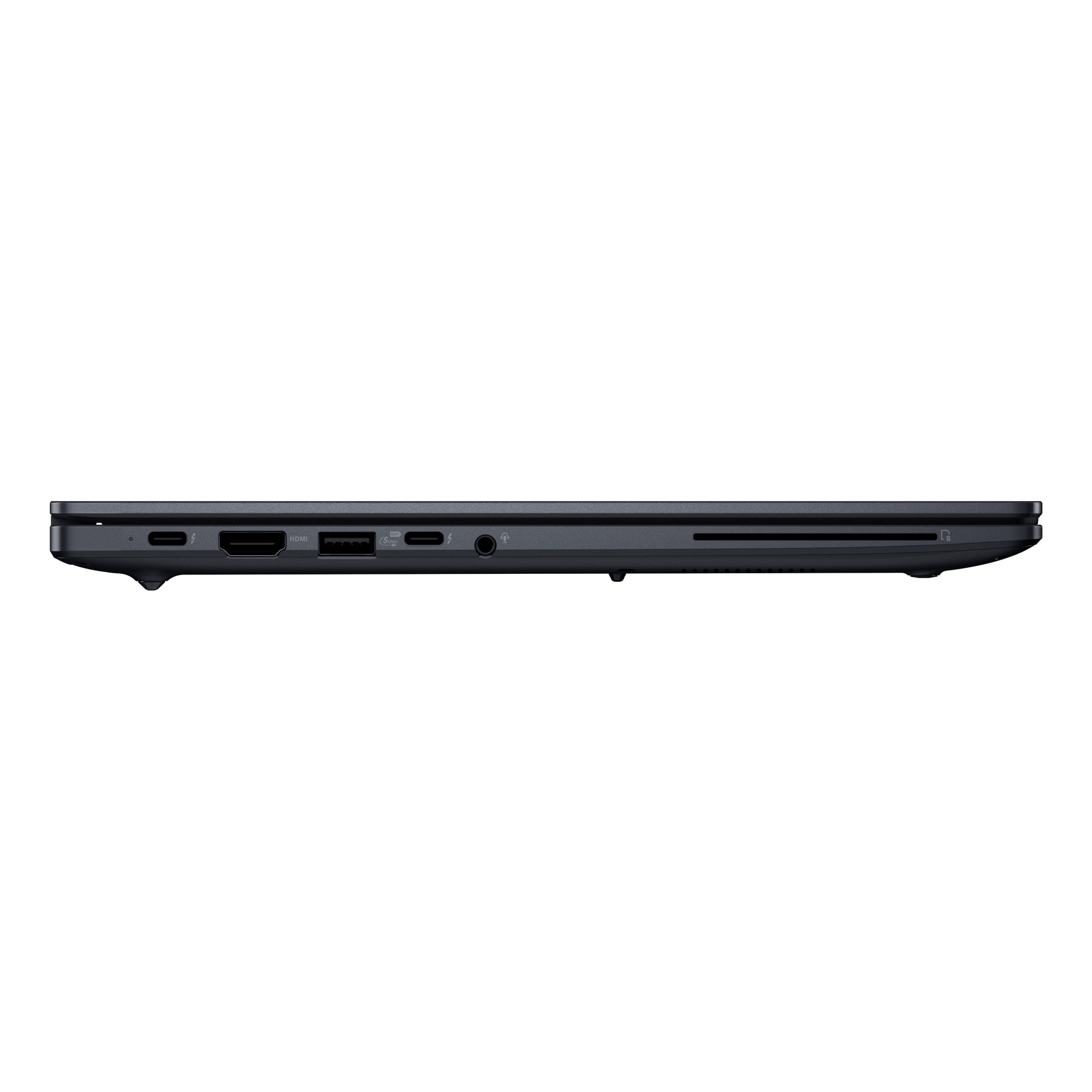 Vista laterale di un laptop scuro. Porte visibili: USB-C, HDMI, USB, jack audio e lettore di schede.
