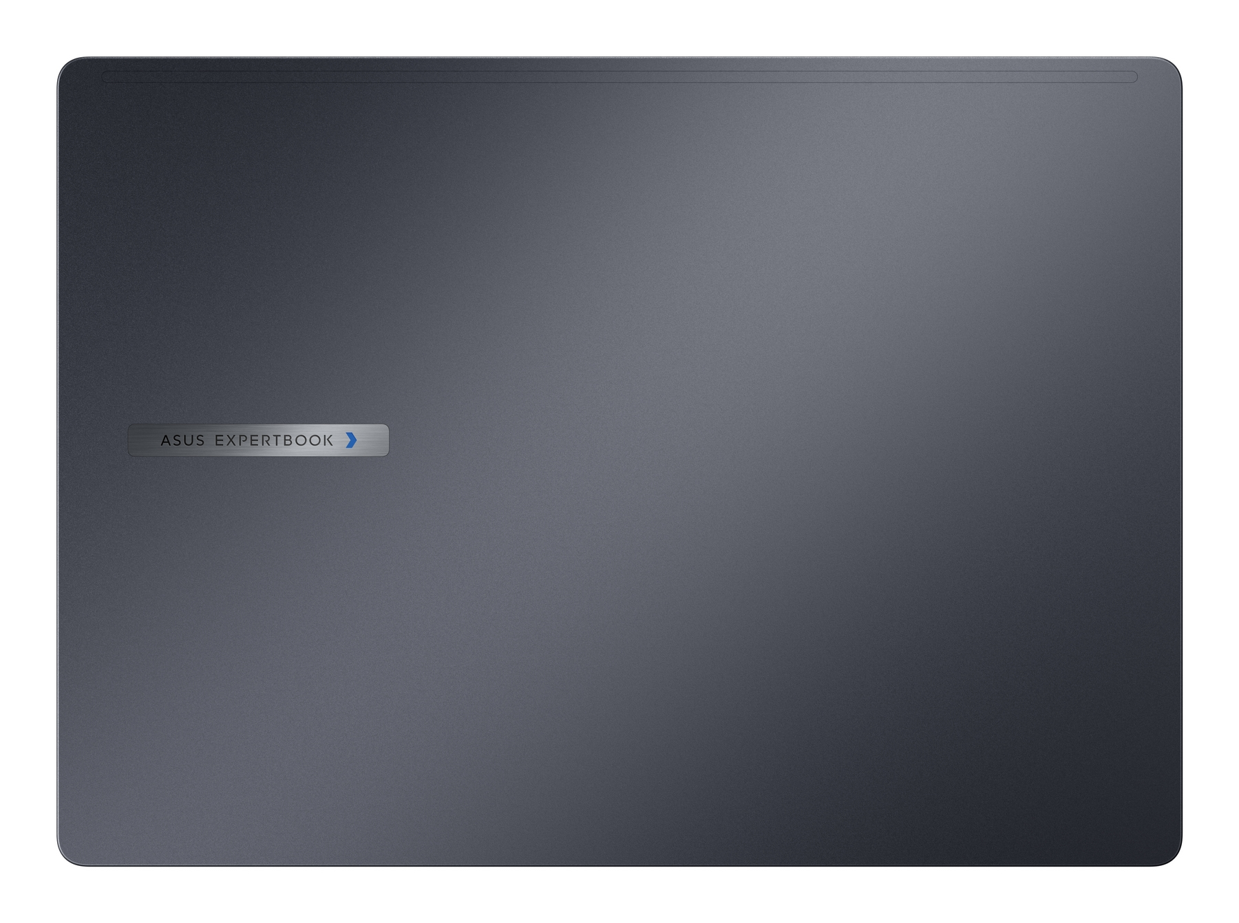 Coperchio del laptop grigio scuro. Il logo ASUS EXPERTBOOK è a sinistra. Il coperchio ha una superficie strutturata.