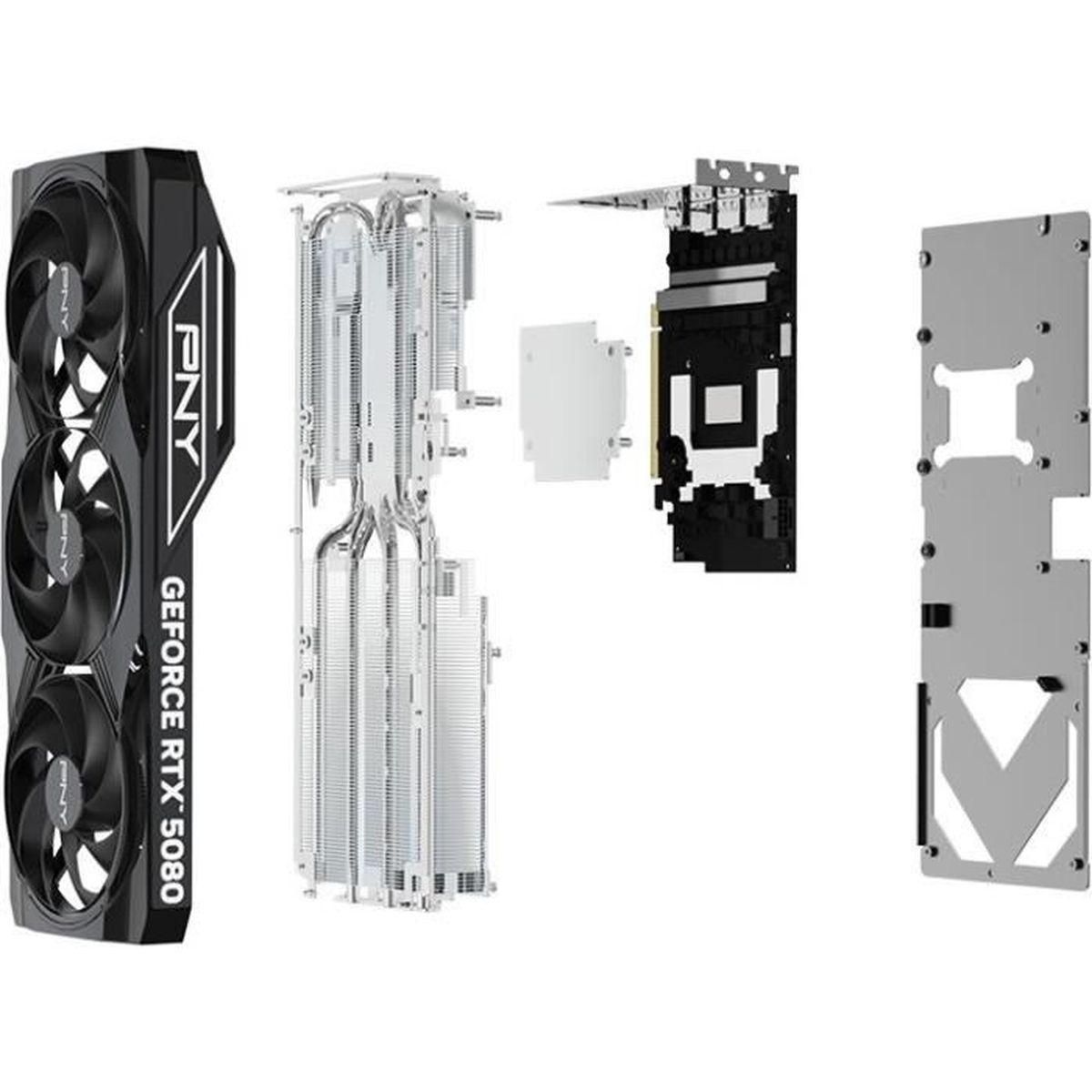 Tarjeta gráfica PNY GeForce RTX 5080, piezas separadas. Componentes negros, plateados y blancos sobre fondo blanco. Ventiladores y disipador visibles.