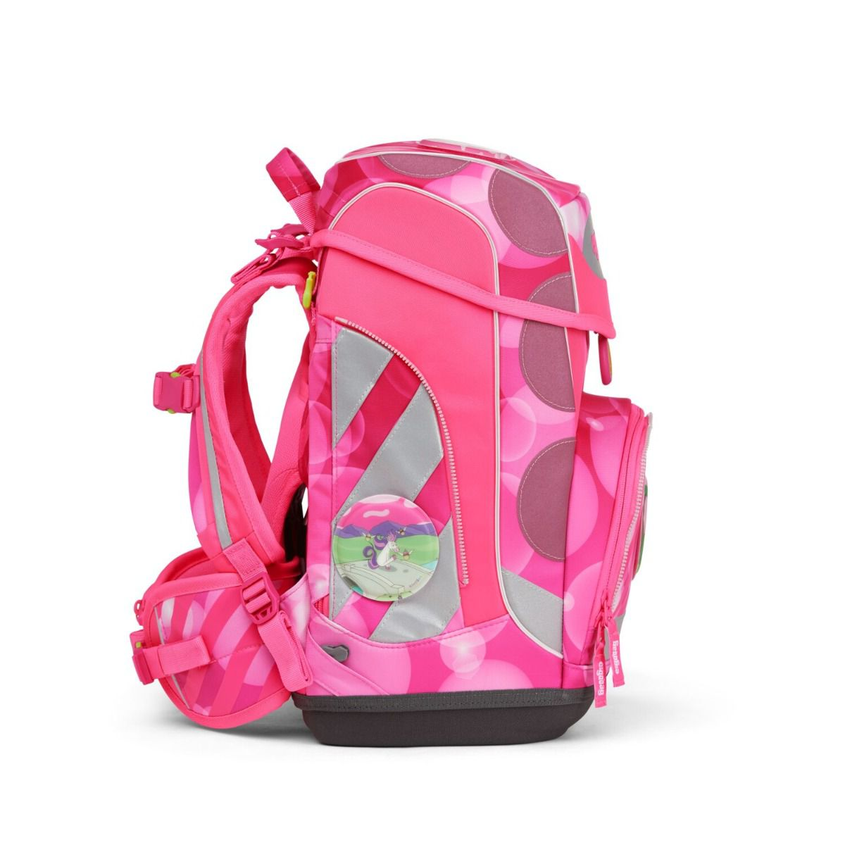Rosa Schulrucksack mit reflektierenden Streifen und kreisförmigem Design. Ein kleines Bild eines Wesens befindet sich vorne. Reißverschlüsse sind sichtbar.