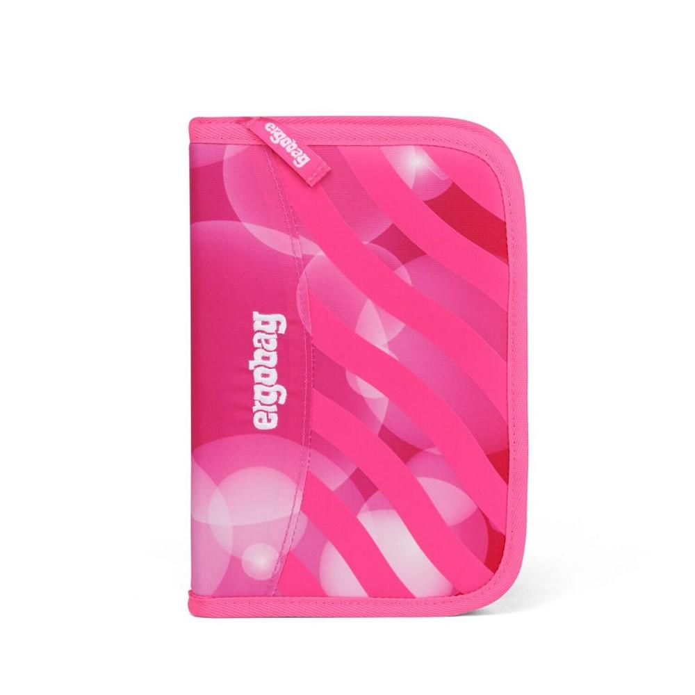 Ein rosa Ergobag-Federmäppchen mit einem Muster aus rosa Kreisen und Streifen. Das Ergobag-Logo ist auf dem Etui sichtbar.