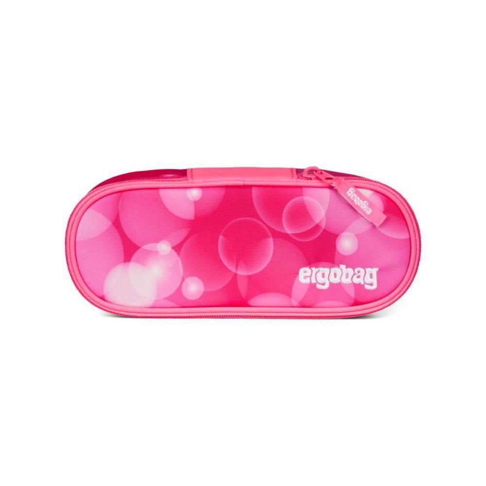 Rosa Ergobag-Federmäppchen mit weißem Blasenmuster. Das Etui ist oval, mit Reißverschluss und Ergobag-Logo.