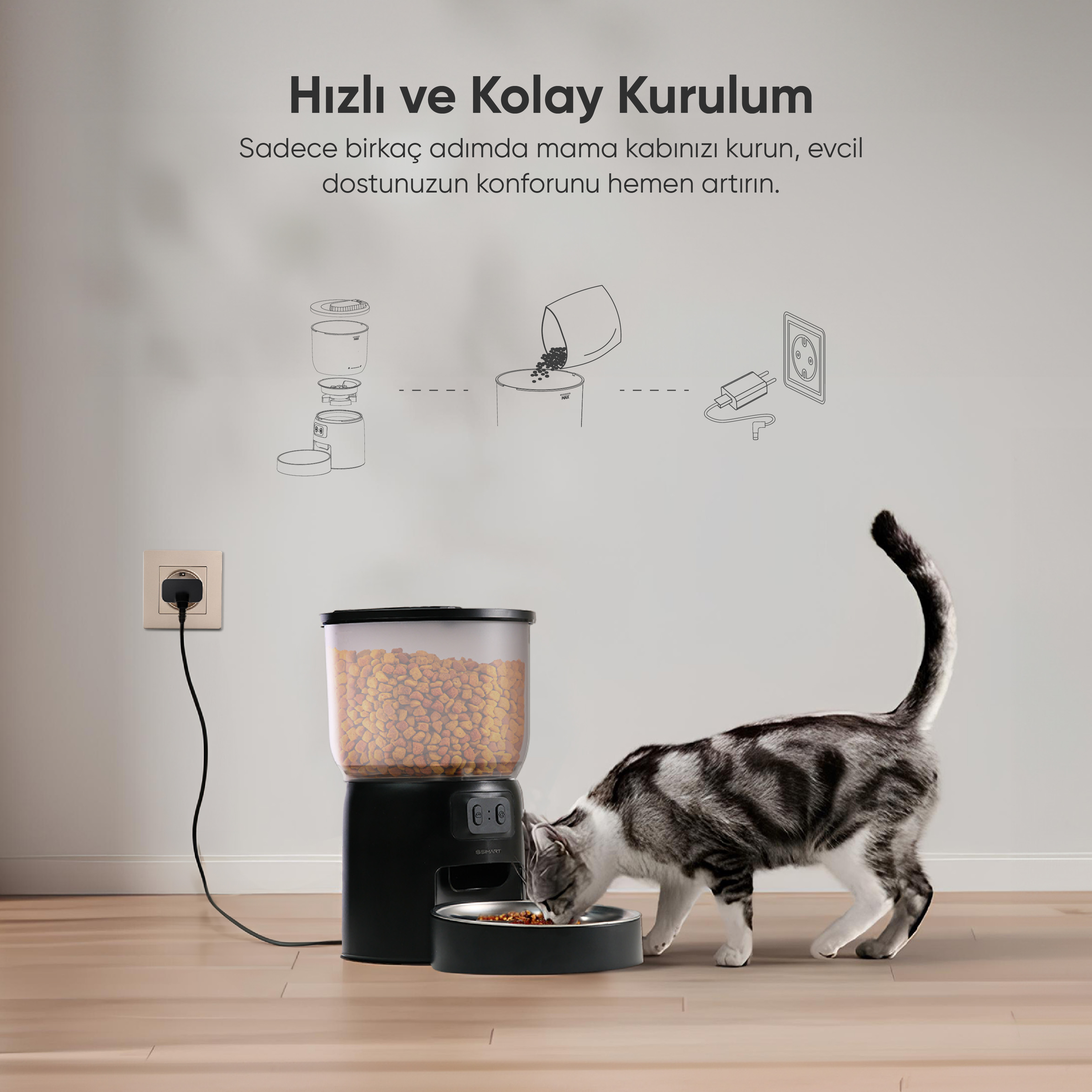 Bir kedi bir kaptan yemek yiyor. Sol tarafta bir mama kabı var. Yukarıdaki metin: Hızlı ve Kolay Kurulum.