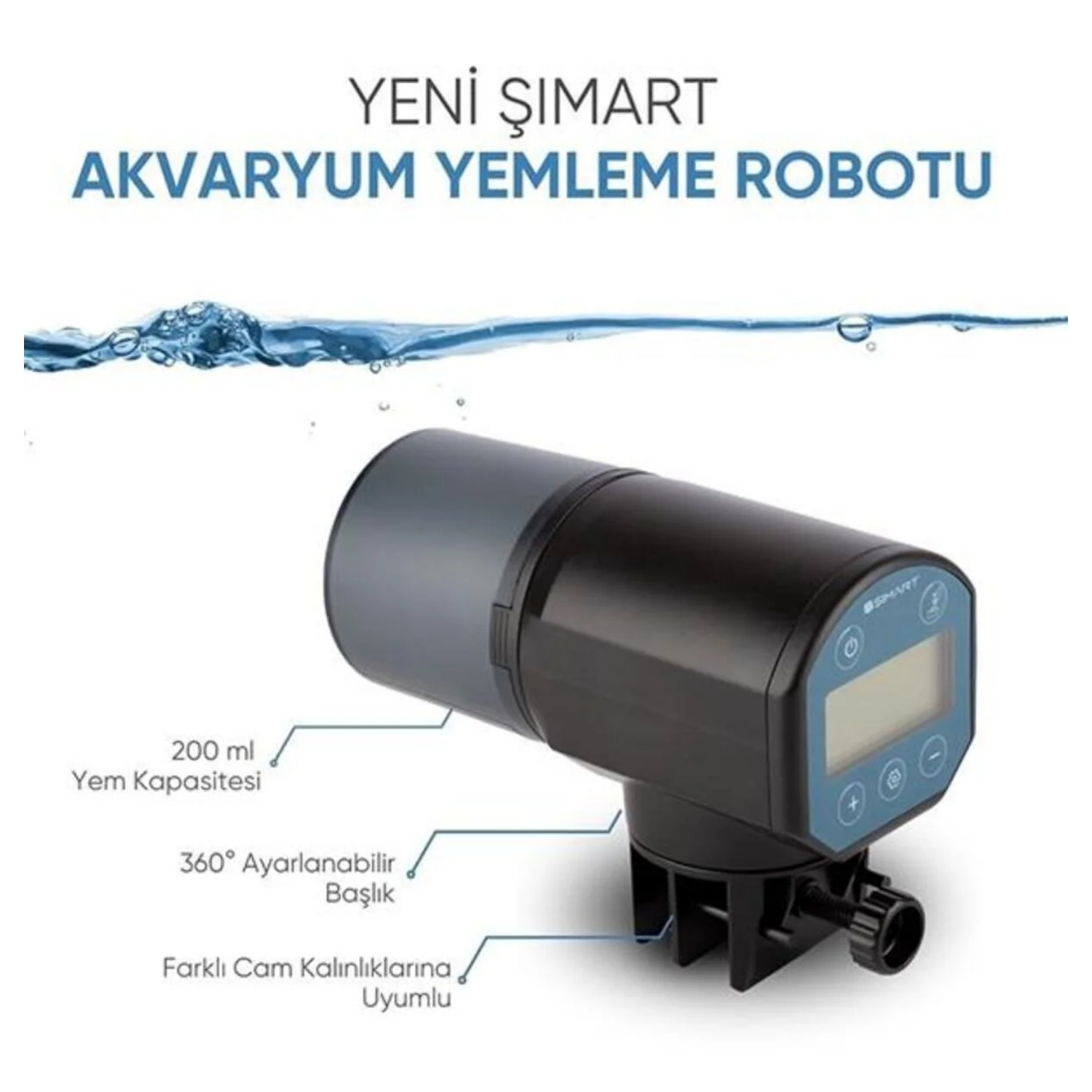 Siyah gövdeli, mavi kontrol panelli ve 'YENİ ŞIMART AKVARYUM YEMLEME ROBOTU' dahil Türkçe metin içeren bir akvaryum yemleme robotu.
