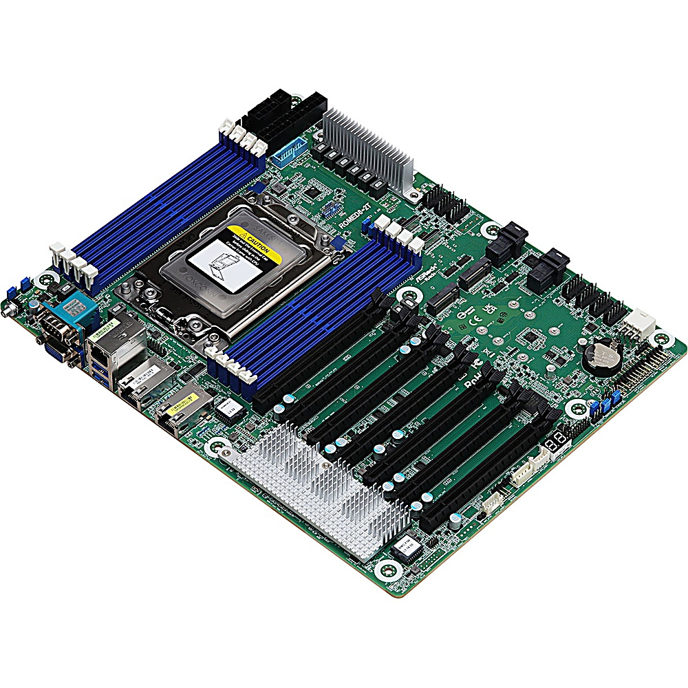 Scheda a circuito stampato verde con slot blu e neri, dissipatori di calore argentati e vari connettori. È visibile un socket CPU.