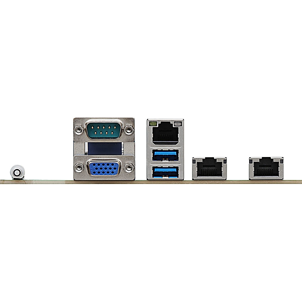 Primo piano del pannello I/O di una scheda madre di computer con varie porte, tra cui seriale, USB ed ethernet, su sfondo bianco.