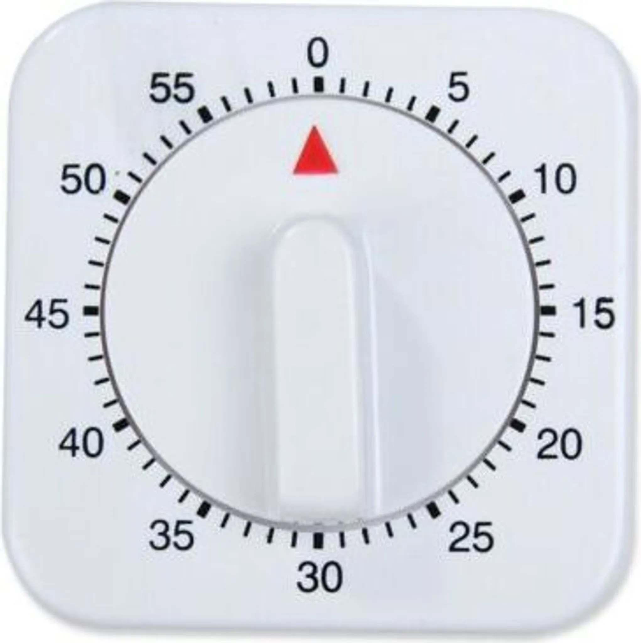 Ein weißer quadratischer Küchentimer mit einem zentralen Zifferblatt, das mit Zahlen markiert ist, und einem roten Dreieck.