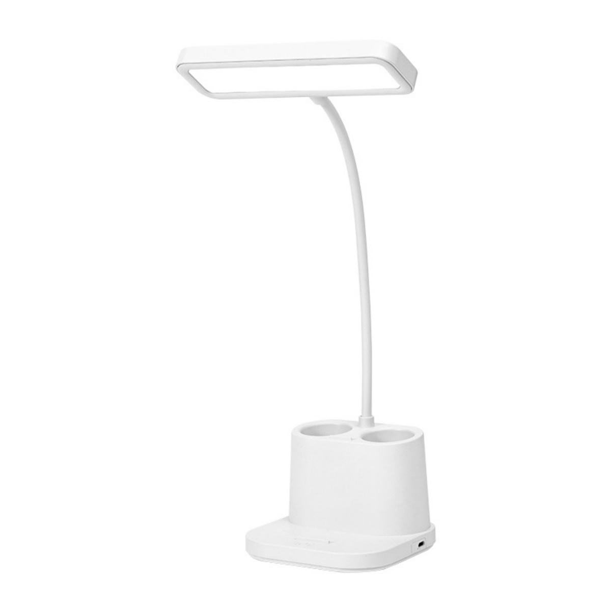 Eine weiße Schreibtischlampe mit rechteckigem Licht, flexiblem Arm und Sockel mit Stifthaltern auf weißem Hintergrund.
