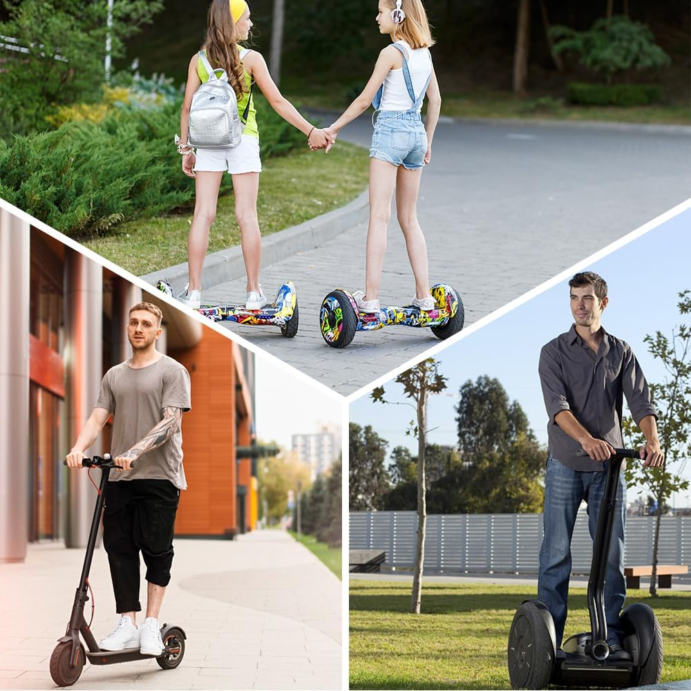 Vier Szenen: Zwei Mädchen auf Hoverboards, ein Mann auf einem Roller und ein Mann auf einem Segway. Verschiedene Hintergründe: Park, Bürgersteig und Gebäude.