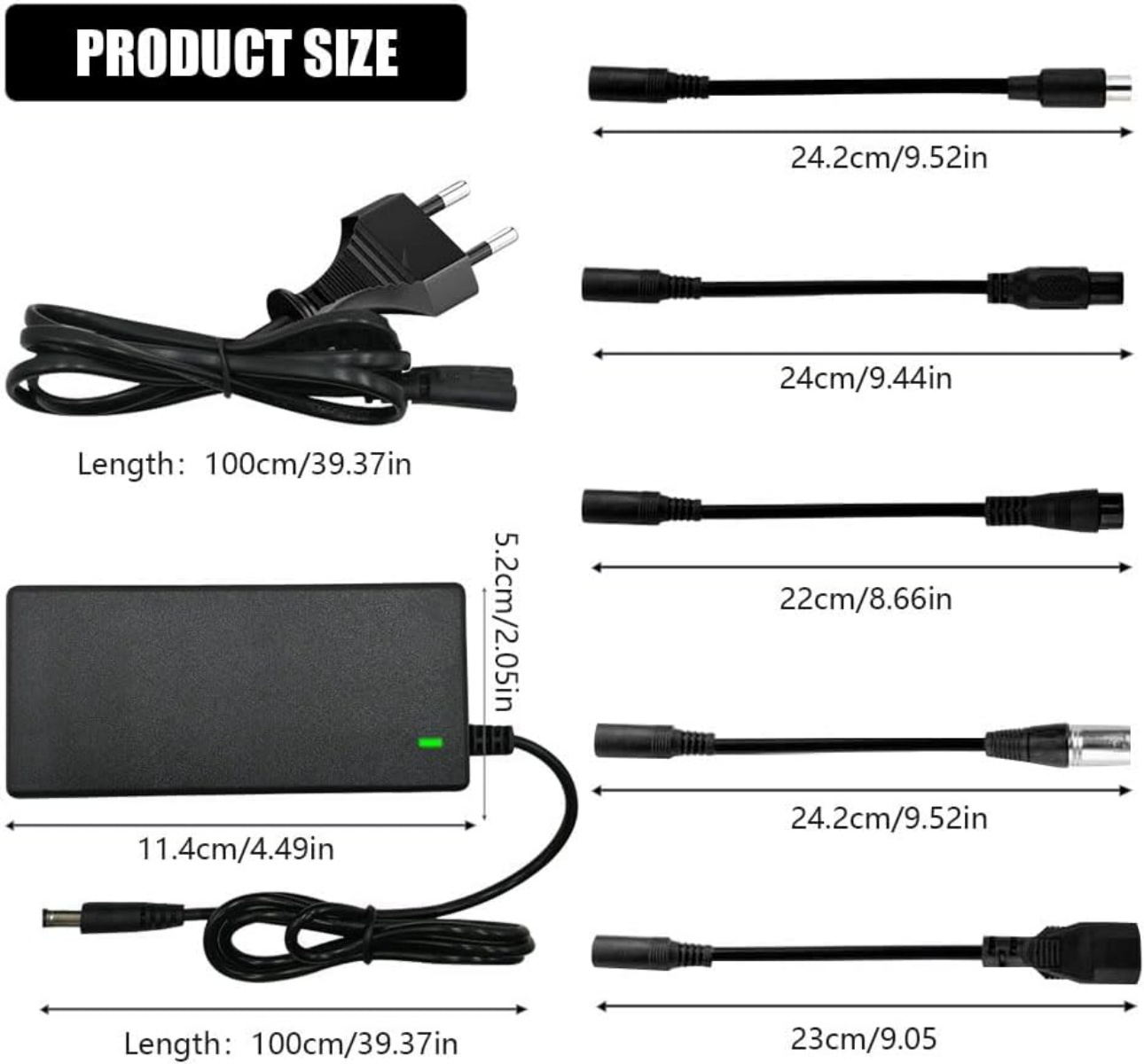 Das Bild zeigt verschiedene Netzteile und Kabel mit Abmessungen. Ein schwarzes Netzteil und mehrere Anschlusskabel sind abgebildet.