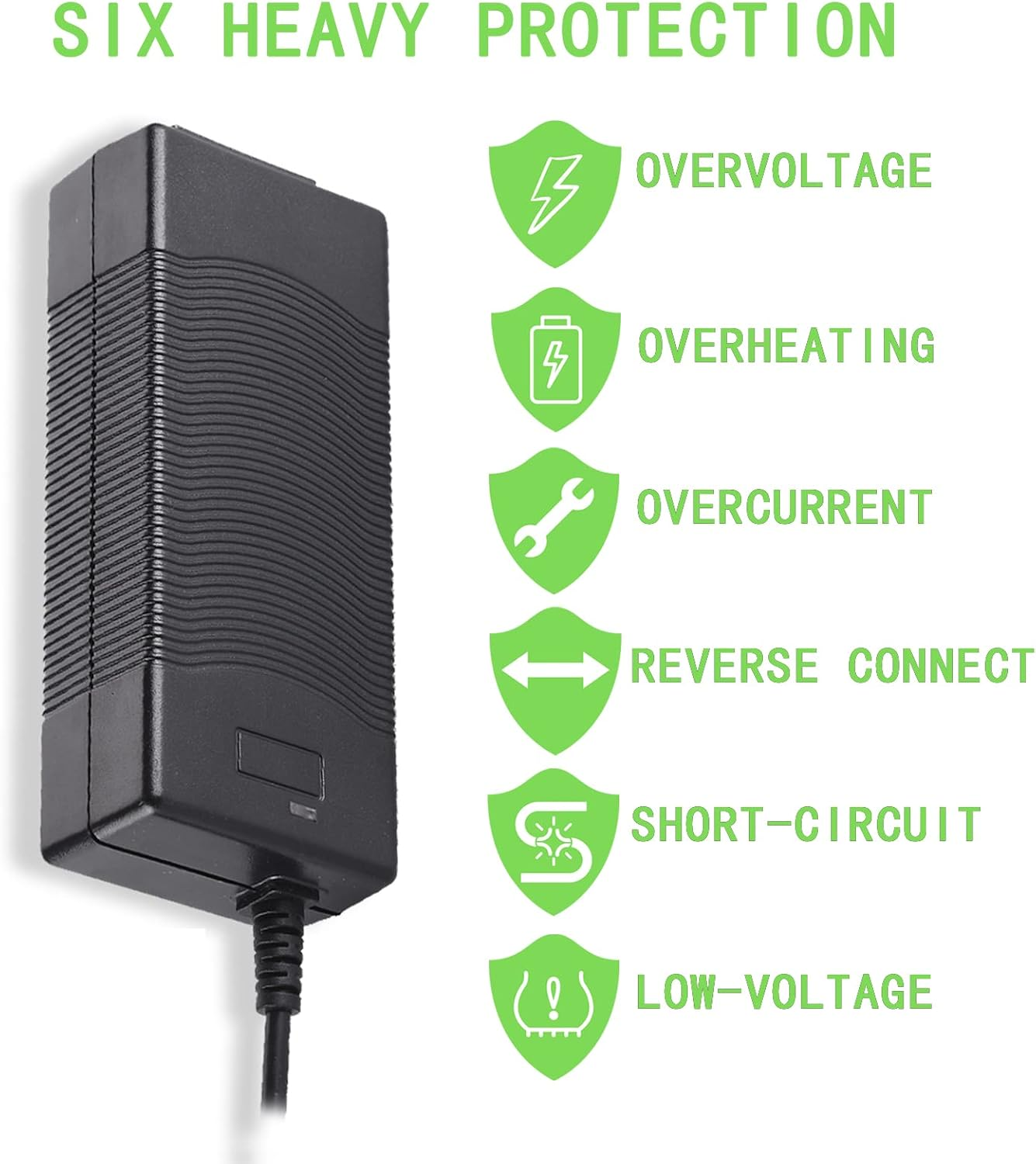 Ein schwarzes Netzteil mit Kabel. Sechs grüne Schilde zeigen Schutzarten an: Überspannung, Überhitzung, Überstrom, Verpolung, Kurzschluss und Unterspannung.