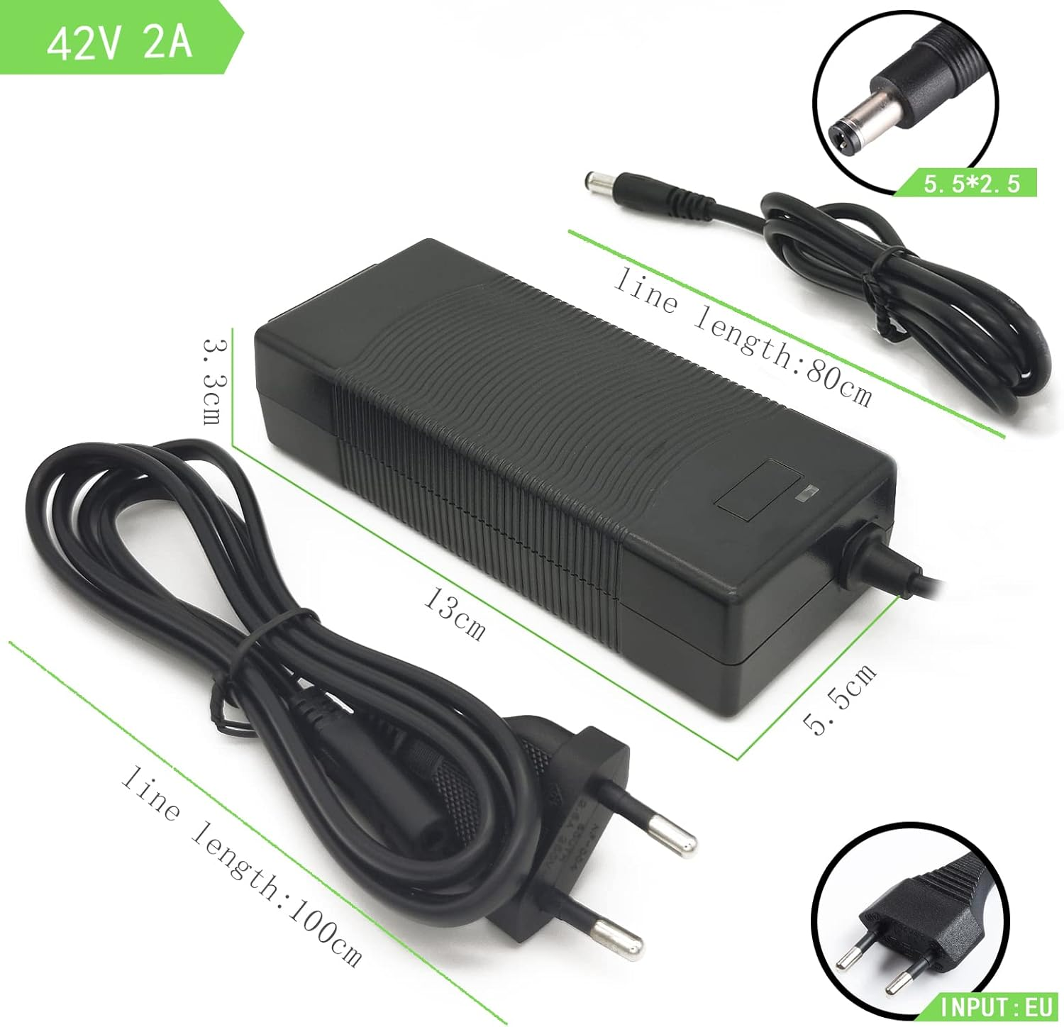 Schwarzes Netzteil mit Kabeln, beschriftet mit '42V 2A' und 'INPUT: EU'. Abmessungen sind angegeben. Enthält Stecker und Ladeanschluss.