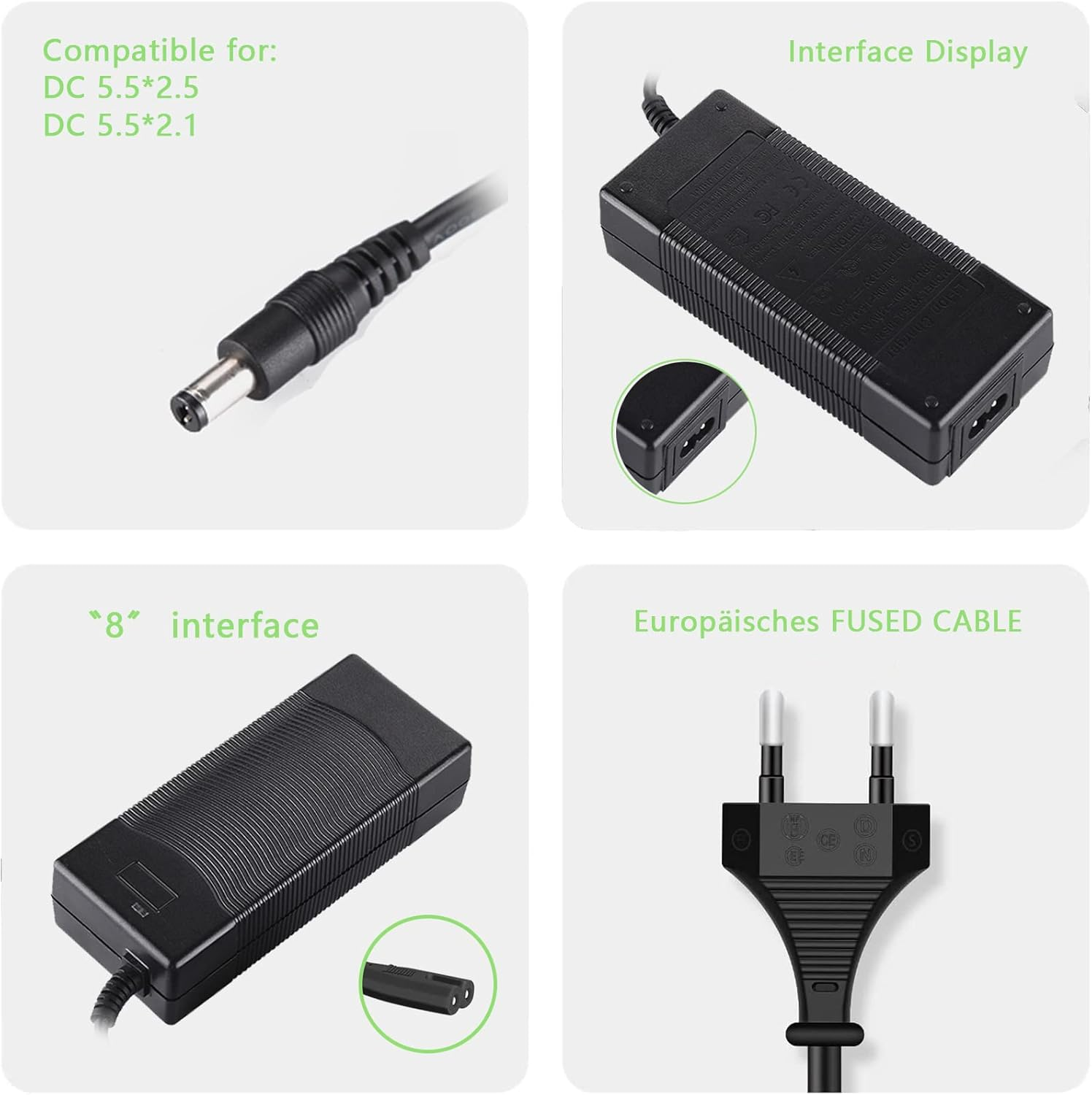 Das Bild zeigt Ladegerätkomponenten: DC-Anschluss, Netzteil und europäischer Stecker, mit Bezeichnungen wie 'Interface Display' und 'FUSED CABLE'.