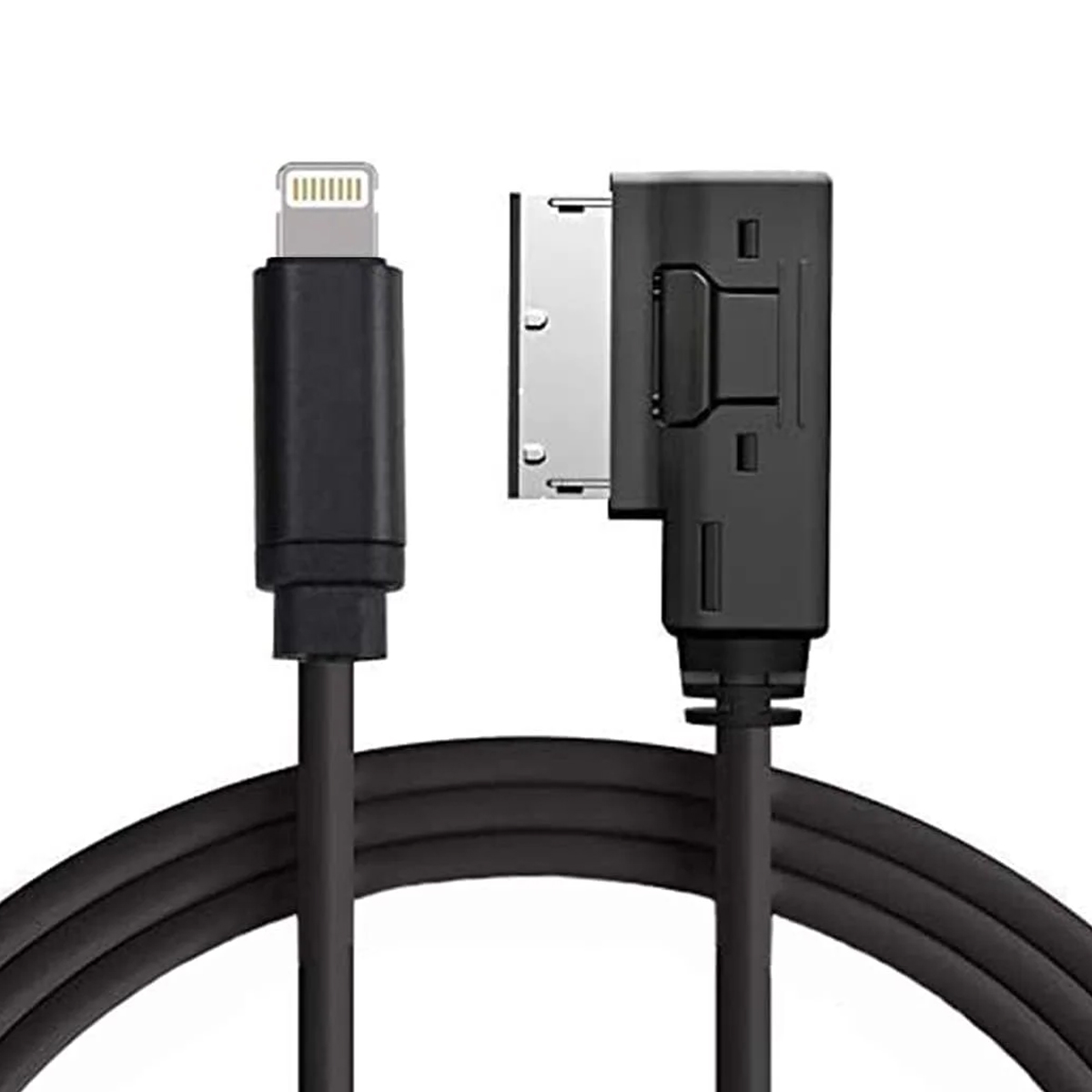 Schwarzes Ladekabel mit Lightning-Anschluss und Docking-Anschluss auf weißem Hintergrund.