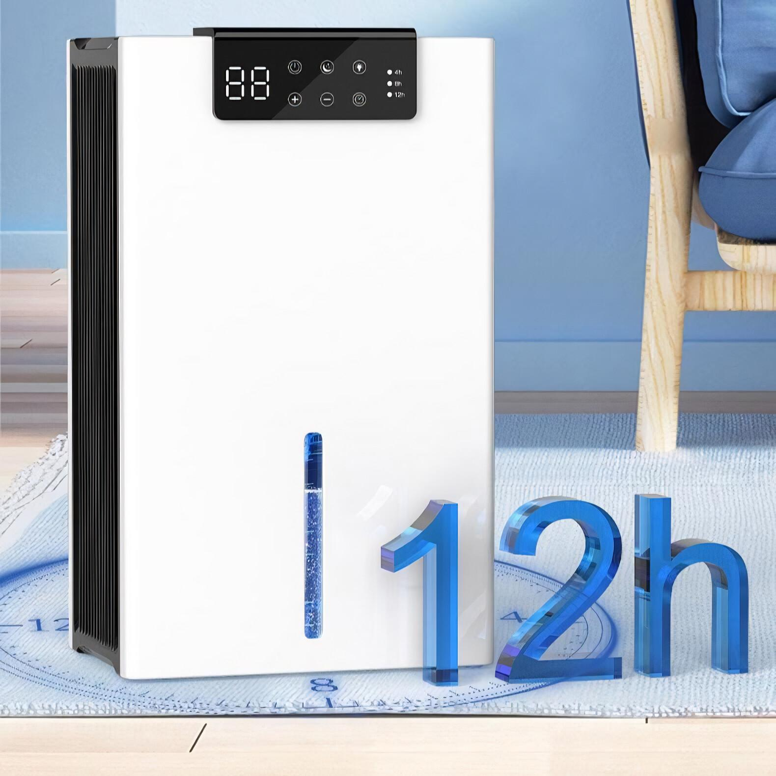 Ein weißer Luftentfeuchter mit digitaler Anzeige, blauem Wasserstandsanzeiger und blauem "12h"-Logo.