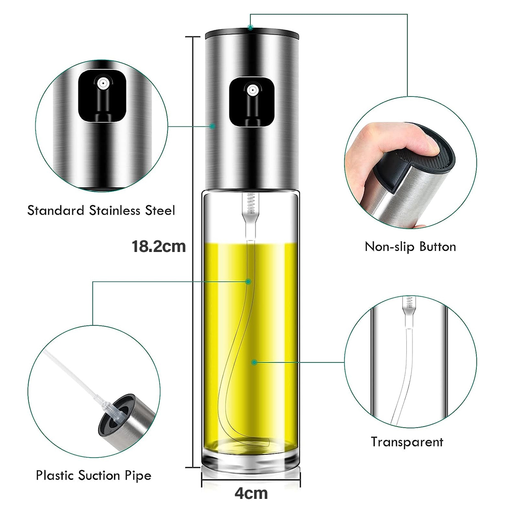 Ölsprüher mit Edelstahlaufsatz und Glasflasche. Er hat eine rutschfeste Taste, ein Kunststoff-Saugrohr und ein transparentes Design.