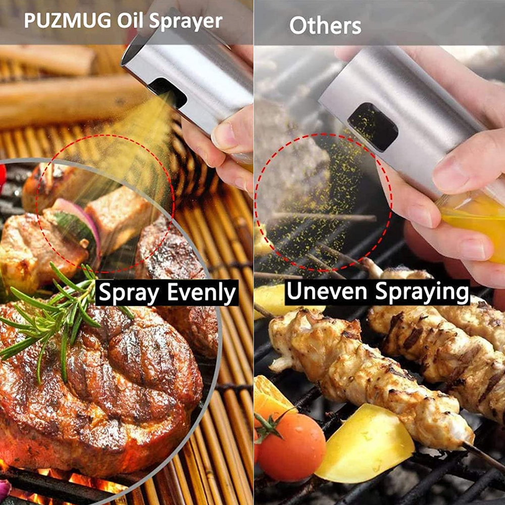 Das Bild zeigt Ölsprüher auf Fleisch und Spießen. Einer sprüht gleichmäßig, der andere ungleichmäßig. Text: 'Gleichmäßig sprühen' vs. 'Ungleichmäßiges Sprühen'.