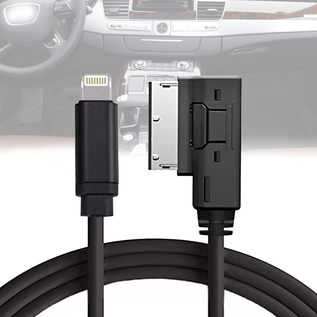 Schwarzes Kabel mit zwei Steckern: einem Lightning-Anschluss und einem Dockinganschluss. Der Hintergrund zeigt das Armaturenbrett eines Autos.