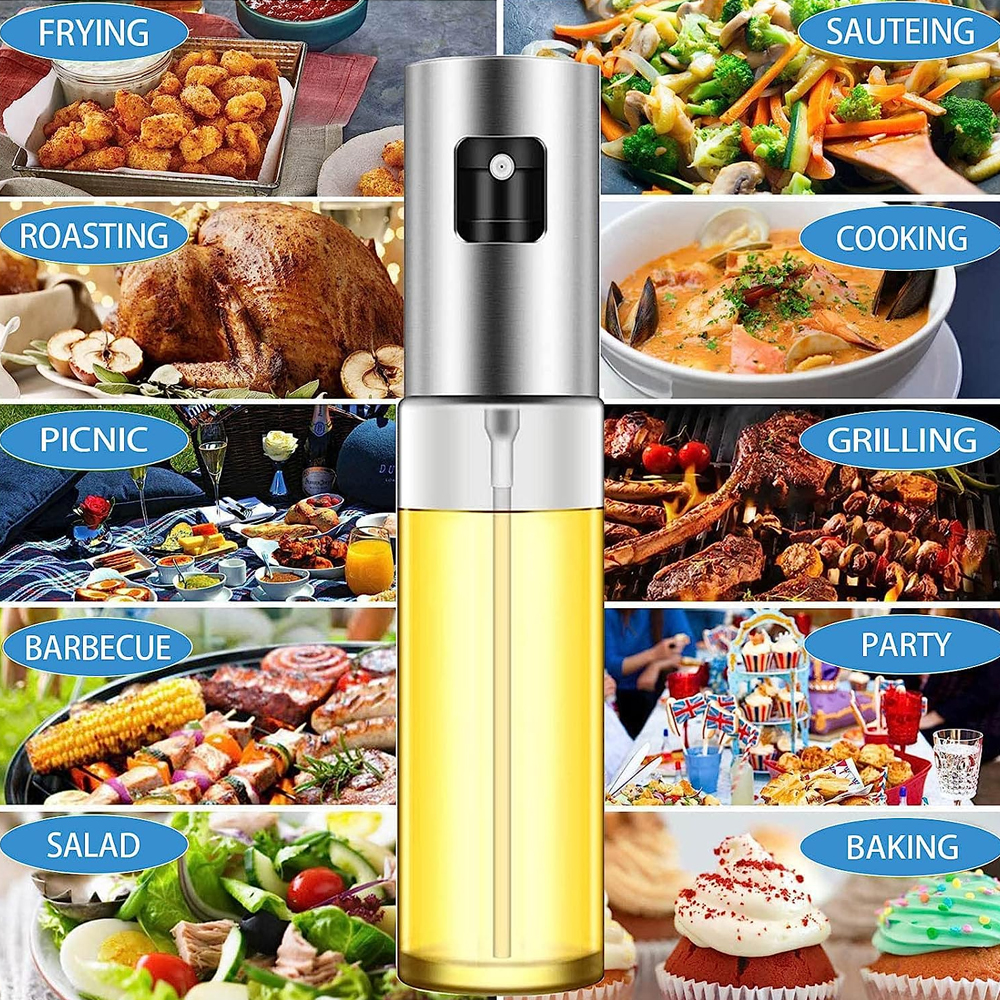 Ein Ölsprüher mit Bildern von Lebensmitteln: Braten, Braten, Dünsten, Kochen, Picknick, Grillen, Grillen, Party, Salat, Backen.