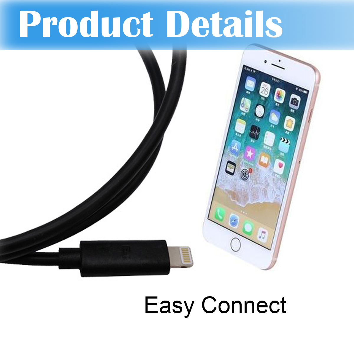 Ein iPhone, das mit einem schwarzen Ladekabel verbunden ist. Das Telefon zeigt App-Symbole. Text: Produktdetails und Easy Connect.