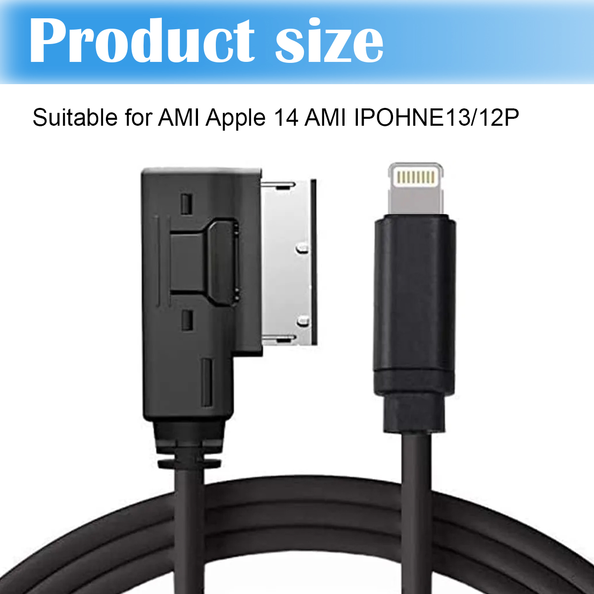 Schwarzes Kabel mit zwei Steckern, eines für Apple-Geräte und das andere für AMI. Weißer Text oben lautet 'Produktgröße'.
