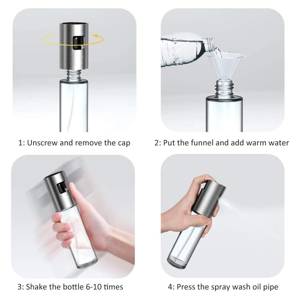 Schritte zur Verwendung eines Ölsprühers: Kappe abschrauben, Wasser mit Trichter hinzufügen, schütteln und Sprühdüse drücken. Anweisungen in Bildern.
