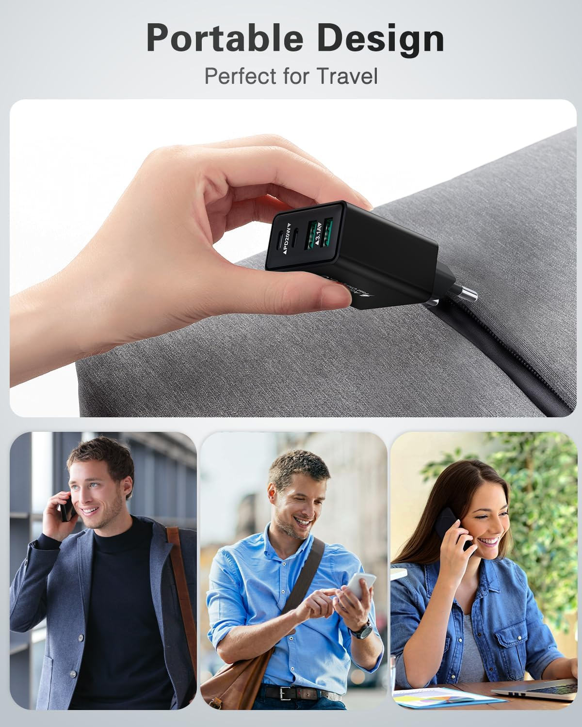 Eine Hand hält ein schwarzes Ladegerät. Unten sind drei Personen zu sehen, die Telefone benutzen. Der Text lautet 'Portable Design Perfect for Travel'.