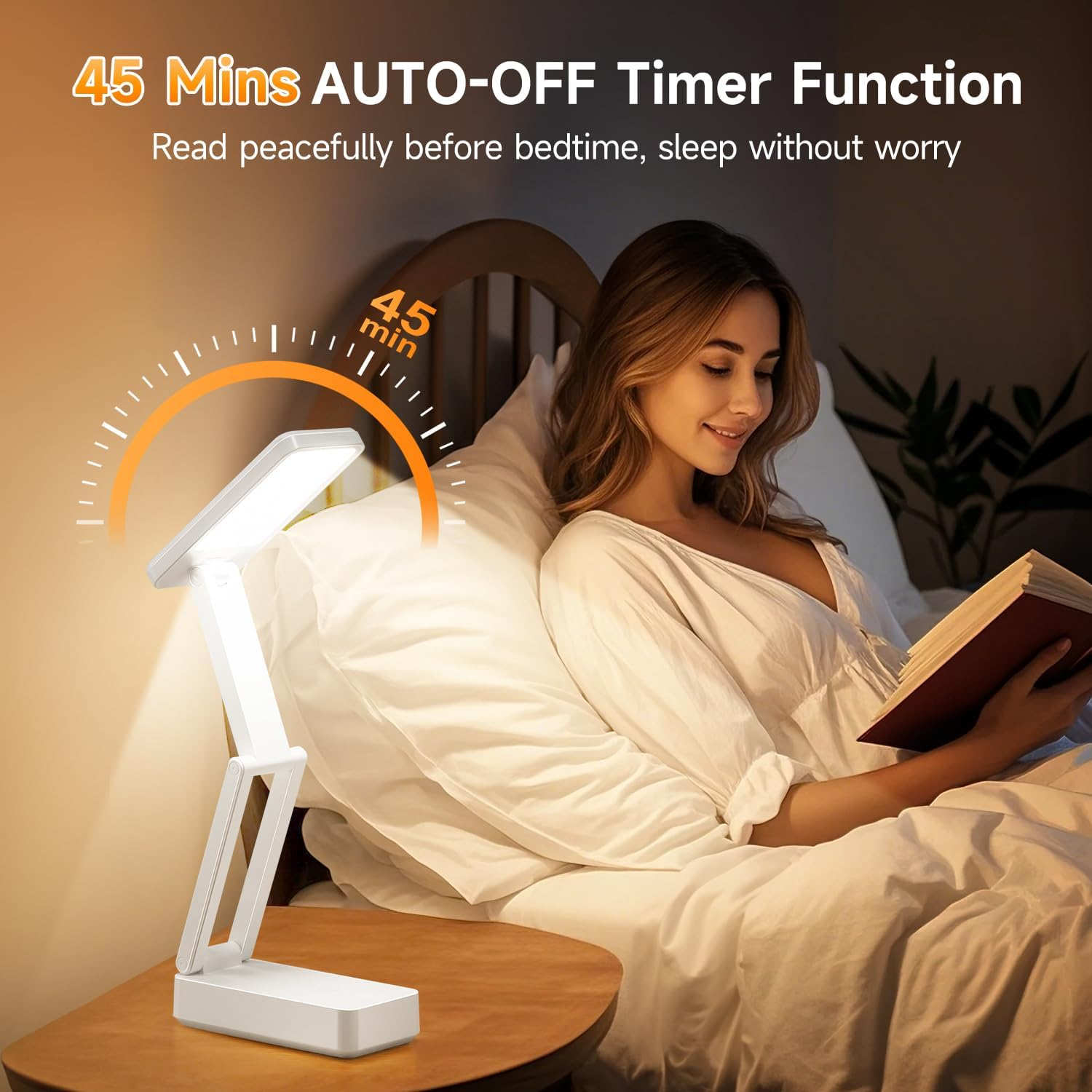 Eine Frau liest im Bett, beleuchtet von einer weißen Lampe. Der Text oben lautet '45 Min. AUTO-OFF Timer Funktion'.
