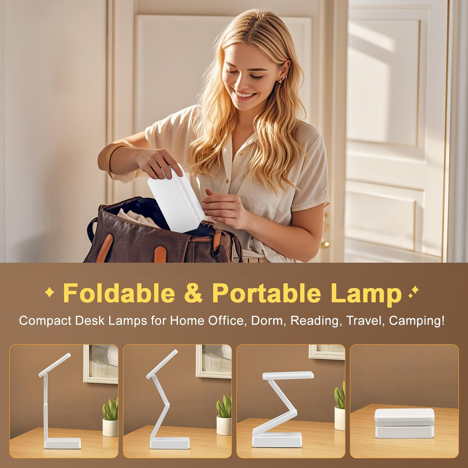 Eine Frau verstaut eine weiße, faltbare Lampe in einer Tasche. Unten werden verschiedene Formen der Lampe gezeigt.