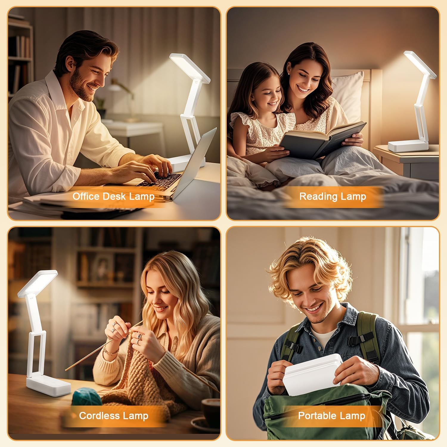 Vier Szenen zeigen die Verwendung einer weißen LED-Schreibtischlampe. Menschen nutzen sie beim Arbeiten am Laptop, Lesen, Stricken und als tragbare Lampe.