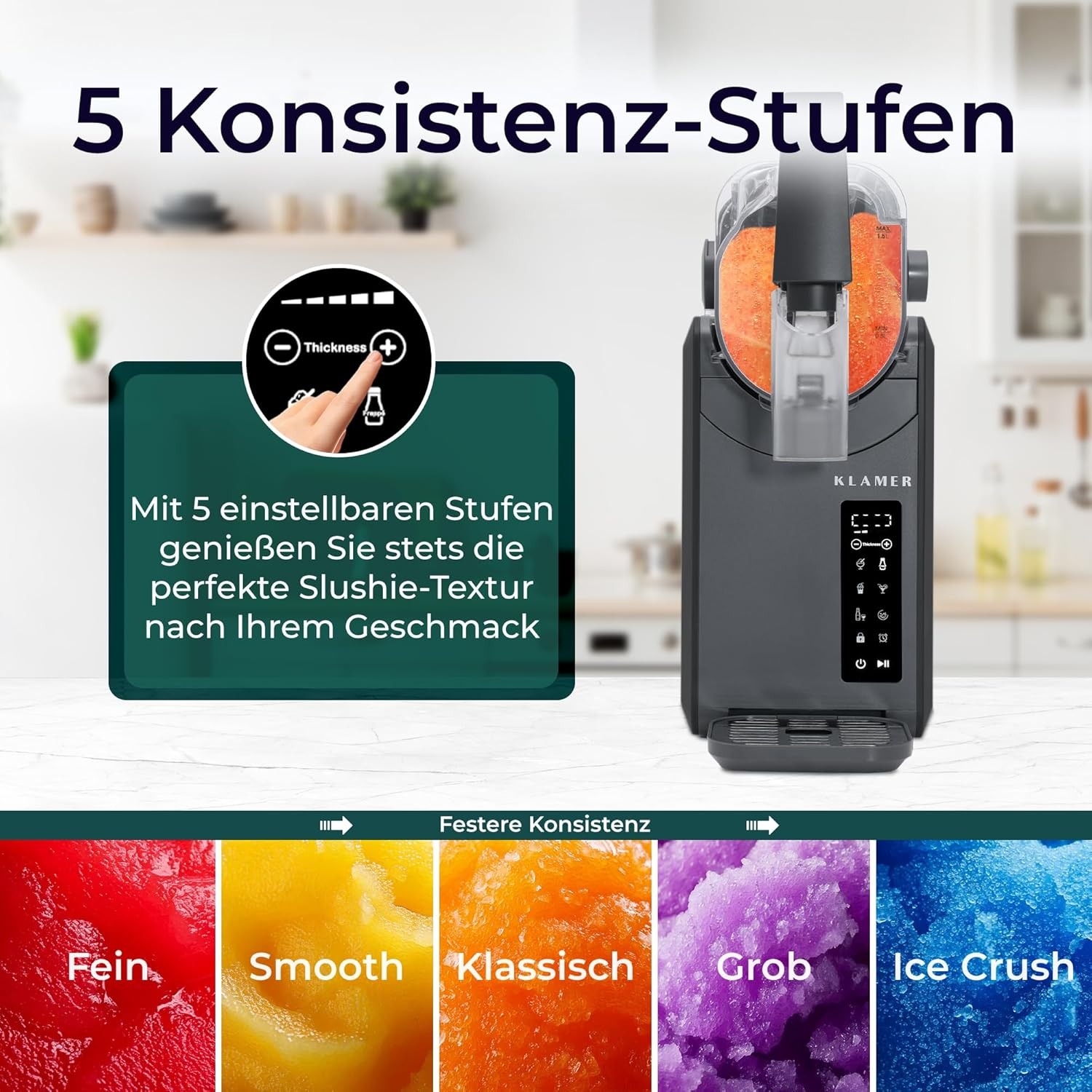 Eine Slush-Eis-Maschine mit Bedienfeld wird gezeigt, mit fünf verschiedenen Konsistenzstufen von fein bis Eis-Crush.