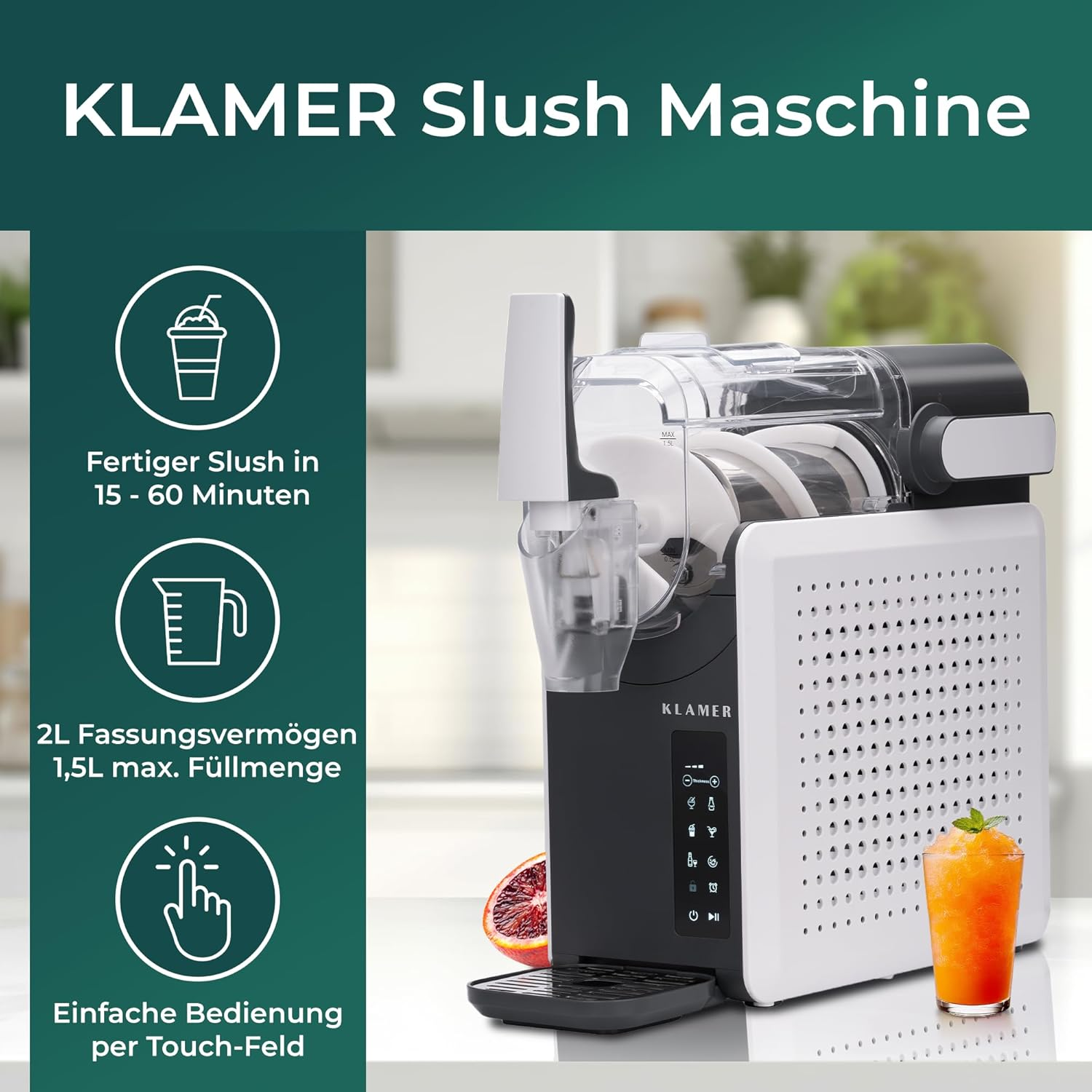 Eine Slush-Maschine mit weißer Platte und einem Glas Orangenslush. Text zeigt schnelle Slush-Herstellung und 2L Fassungsvermögen.