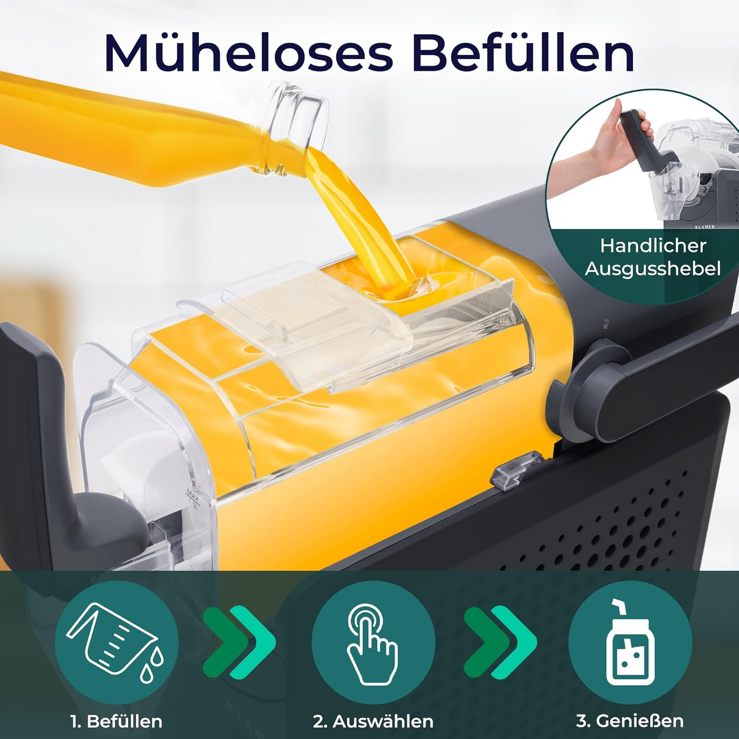 Orangensaft wird in eine Maschine gegossen. Das Bild zeigt die Schritte: füllen, auswählen und den Saft genießen. Die Maschine ist schwarz und gelb.