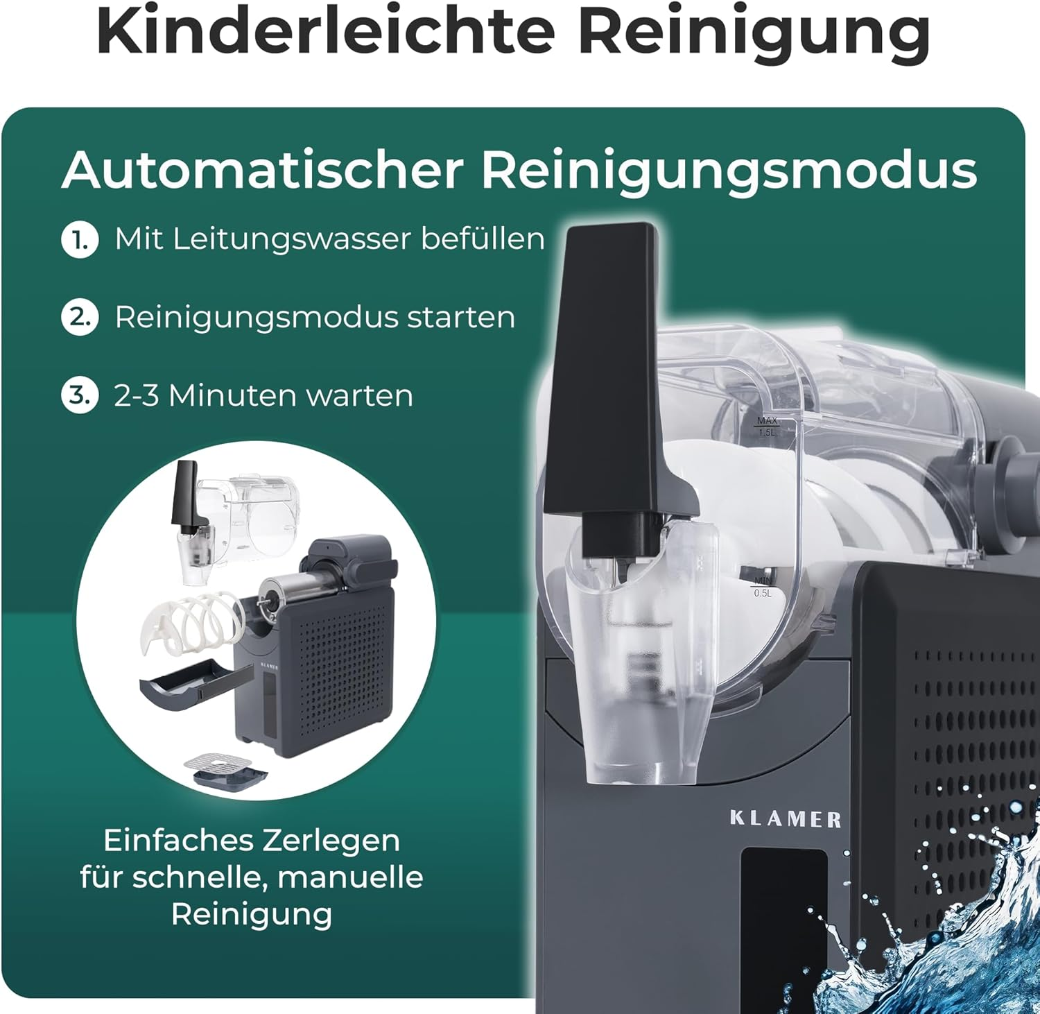 Das Bild zeigt ein Reinigungsgerät. Es hat einen transparenten Behälter und einen dunkelgrauen Körper. Es gibt auch Gebrauchsanweisungen.