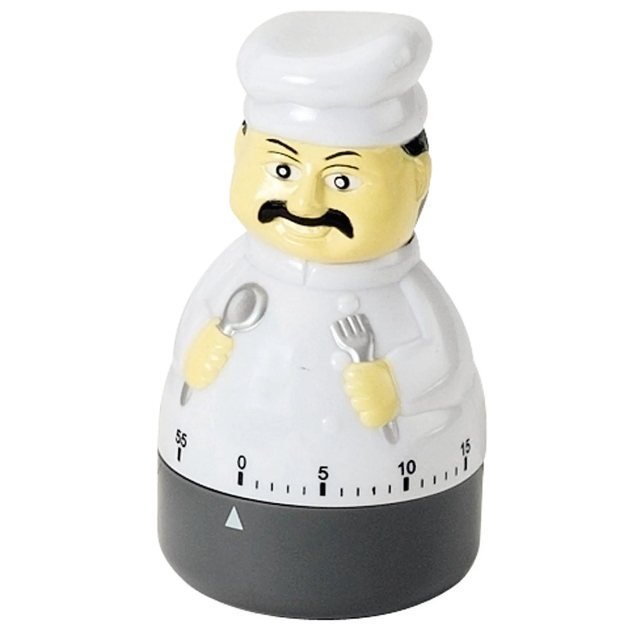 Ein küchenförmiger Küchenwecker. Es ist weiß und gelb. Es hat einen Schnurrbart und hält einen Löffel und eine Gabel.