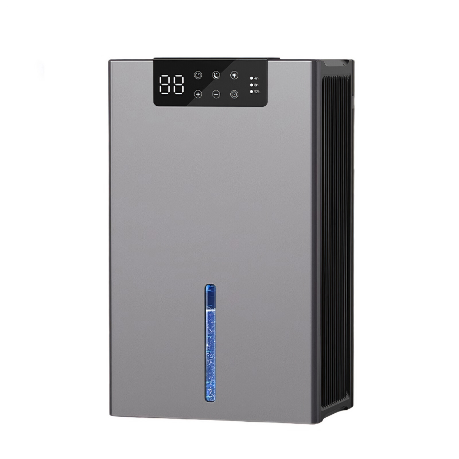 Ein grauer Luftreiniger mit digitaler Anzeige '88'. Er hat eine blaue Wasserstandsanzeige und eine schwarze Seitenverkleidung.