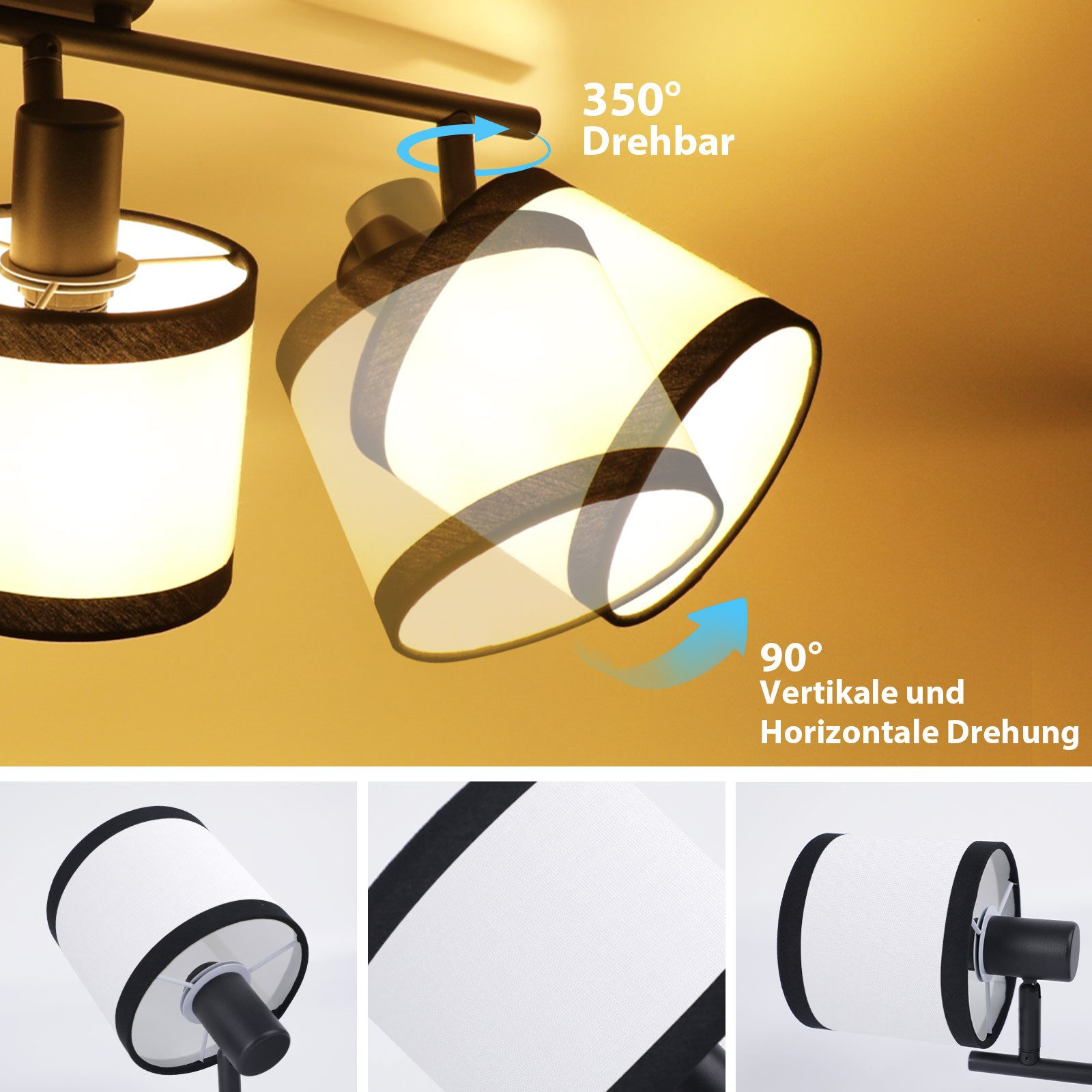 Una lampada moderna con paralumi bianchi, bordi e cornice neri. Le frecce indicano la rotazione di 350° e 90°.