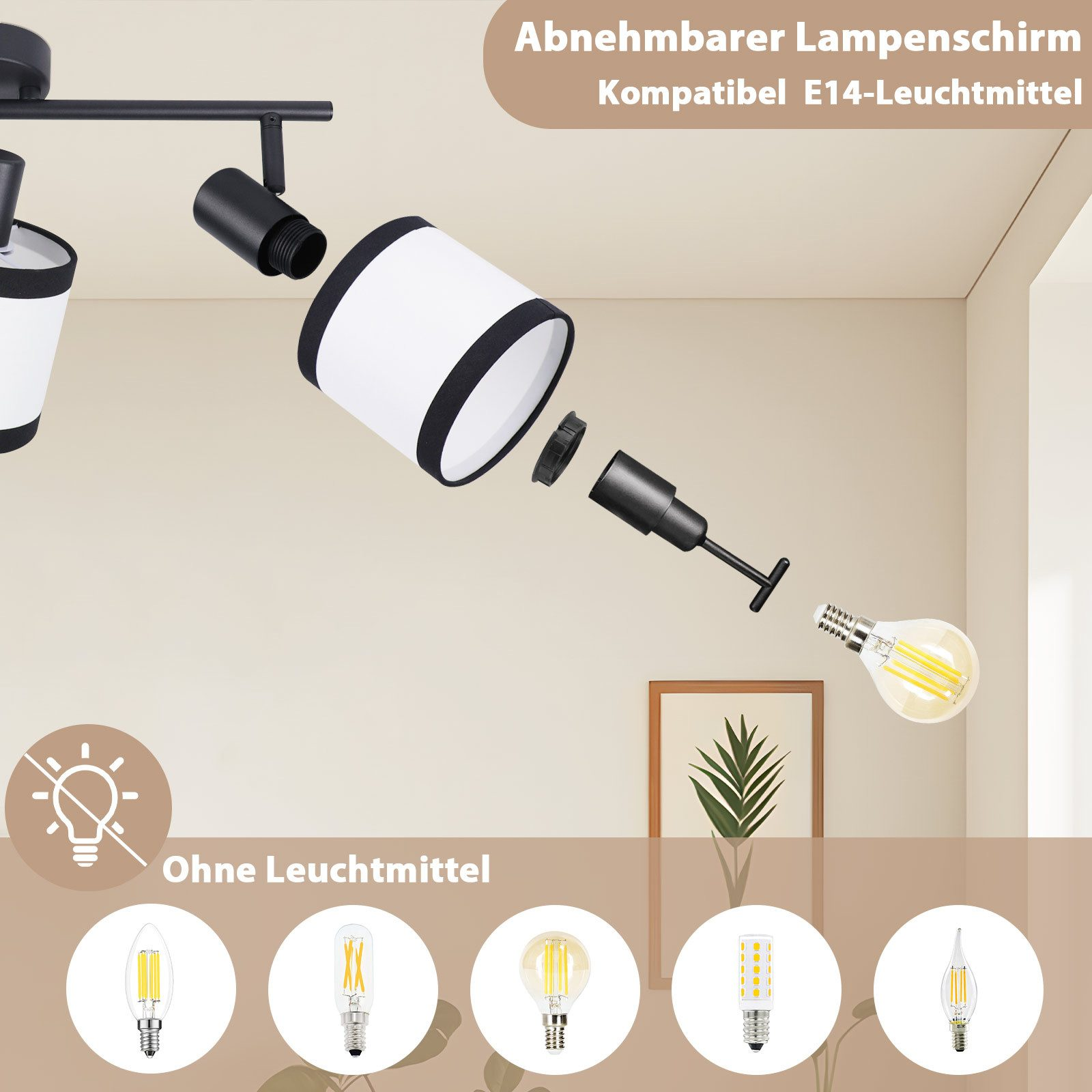 Una lampada smontata con paralume bianco, bordatura nera e una lampadina. Sotto sono mostrati diversi tipi di lampadine.